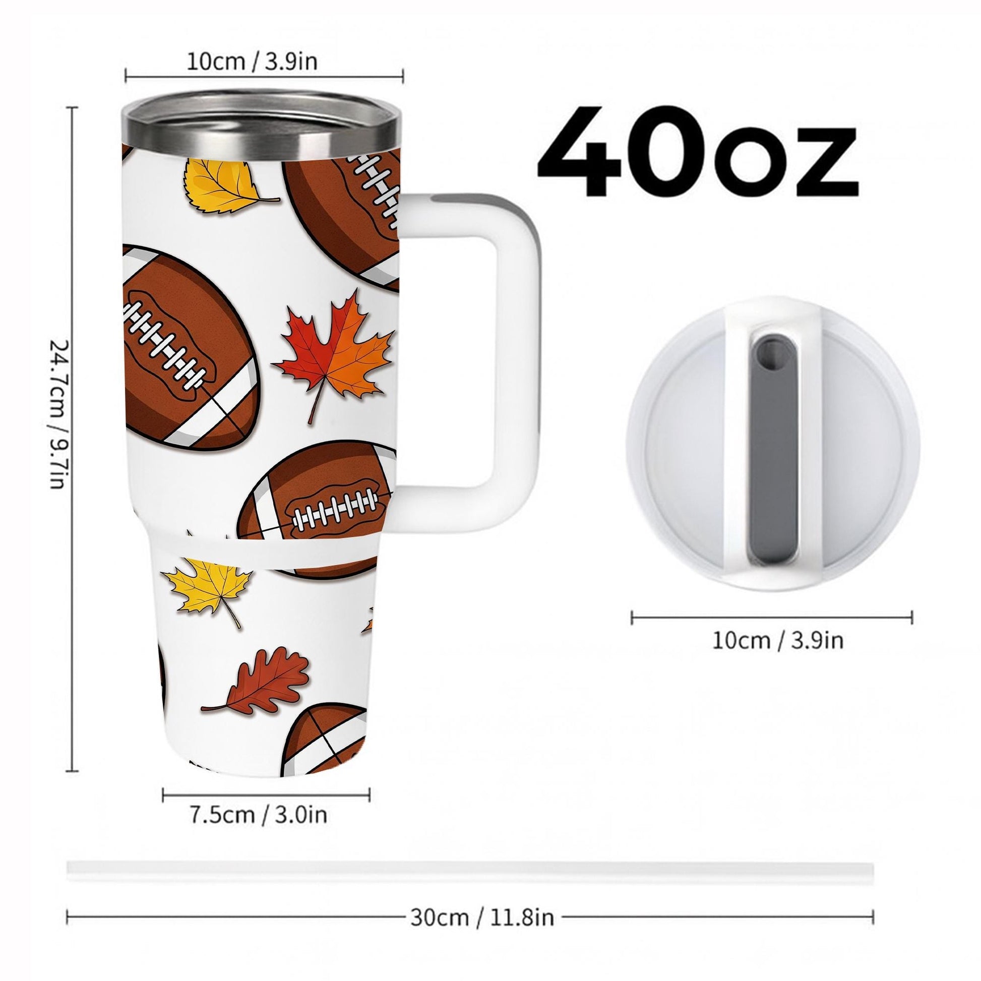 40 oz Football Tumbler with Handle, Fall Sports Tumbler , Autumn Leaves Travel Tumbler , Large Game Day Drink Tumbler, Gift for Him or Her