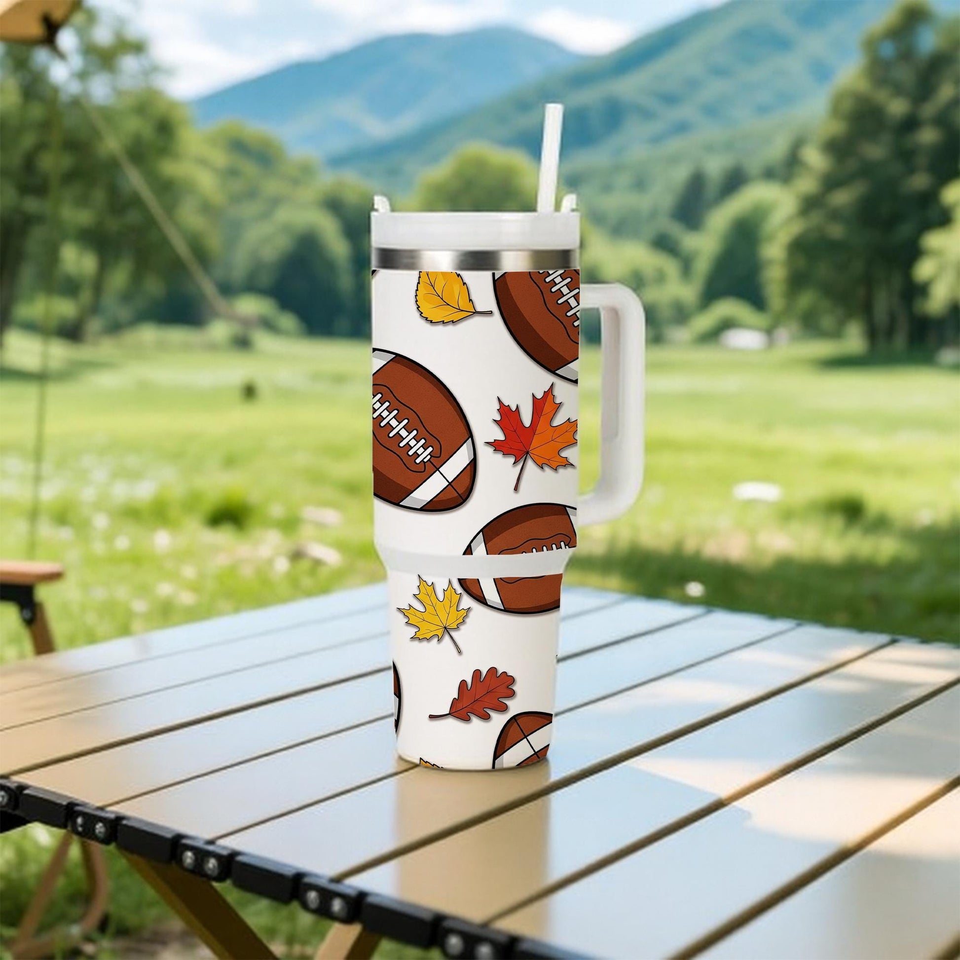 40 oz Football Tumbler with Handle, Fall Sports Tumbler , Autumn Leaves Travel Tumbler , Large Game Day Drink Tumbler, Gift for Him or Her