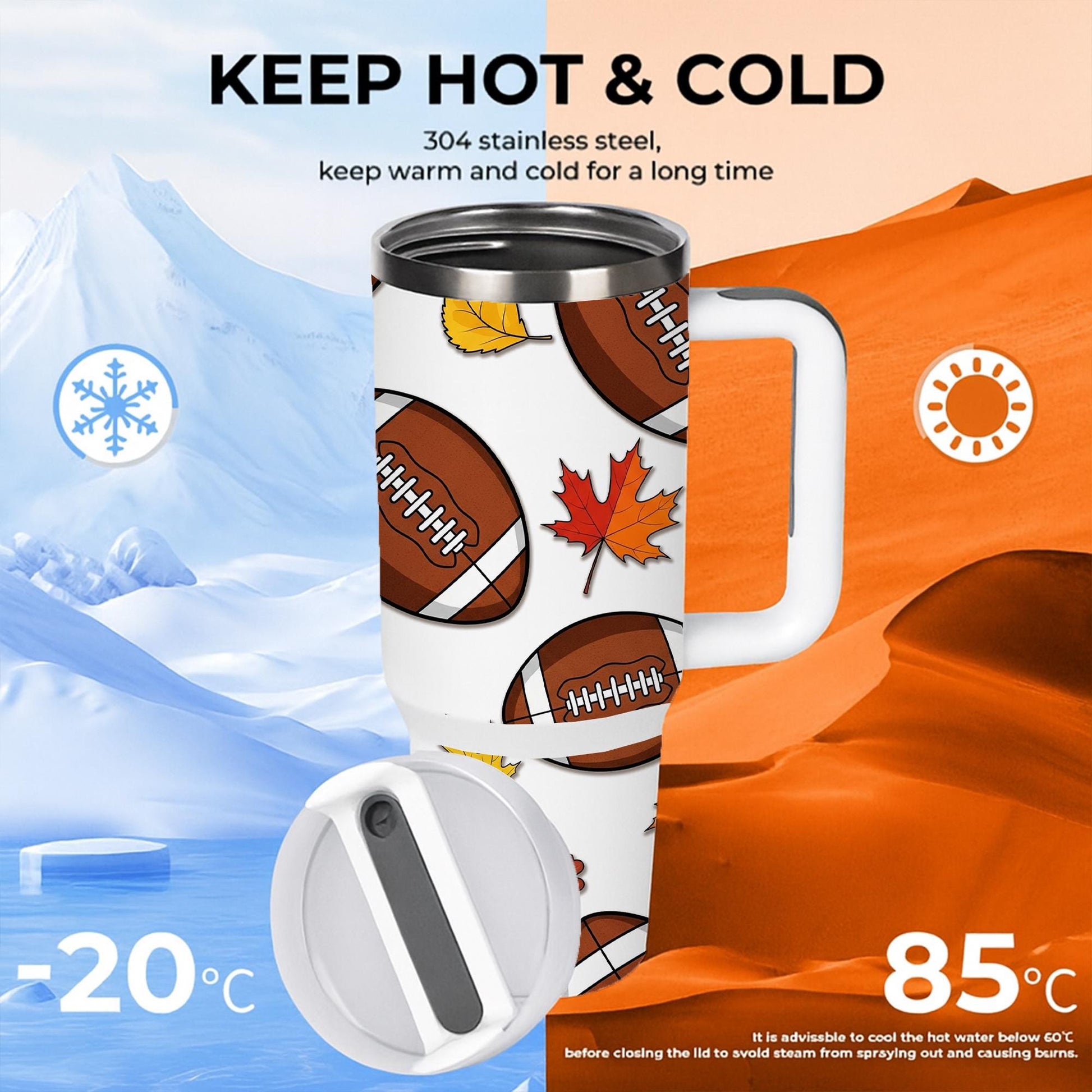 40 oz Football Tumbler with Handle, Fall Sports Tumbler , Autumn Leaves Travel Tumbler , Large Game Day Drink Tumbler, Gift for Him or Her