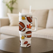 40 oz Football Tumbler with Handle, Fall Sports Tumbler , Autumn Leaves Travel Tumbler , Large Game Day Drink Tumbler, Gift for Him or Her