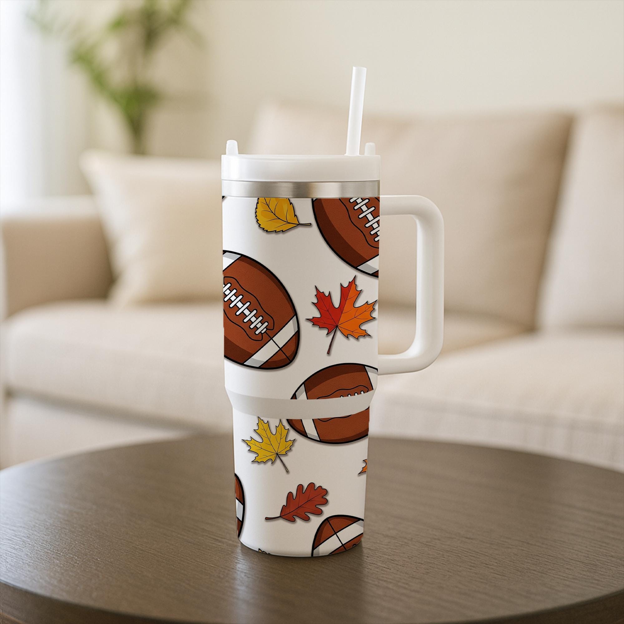 40 oz Football Tumbler with Handle, Fall Sports Tumbler , Autumn Leaves Travel Tumbler , Large Game Day Drink Tumbler, Gift for Him or Her