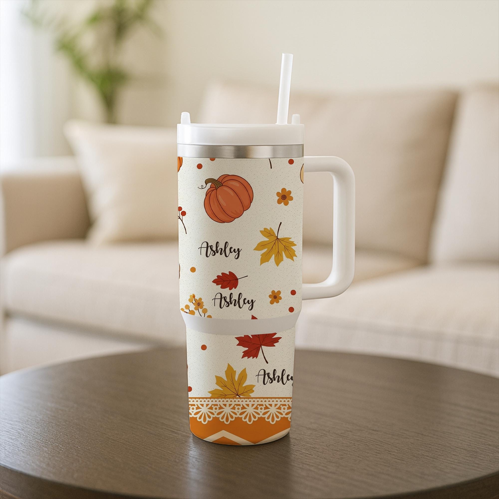 40 oz Pumpkin Tumbler with Handle, Personalized Autumn Tumbler , Custom Name Tumbler , Large Fall Travel Tumbler , Cozy Gift for Her