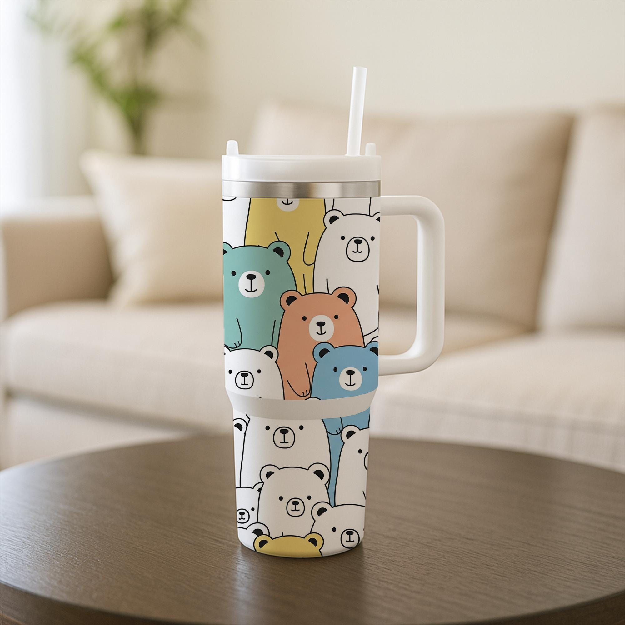 40 oz Bear Tumbler with Handle, Cute Pastel Animal Tumbler , Kawaii Tumbler , Large Travel Tumbler, Colorful Gift for Her or Him, Bear Lover