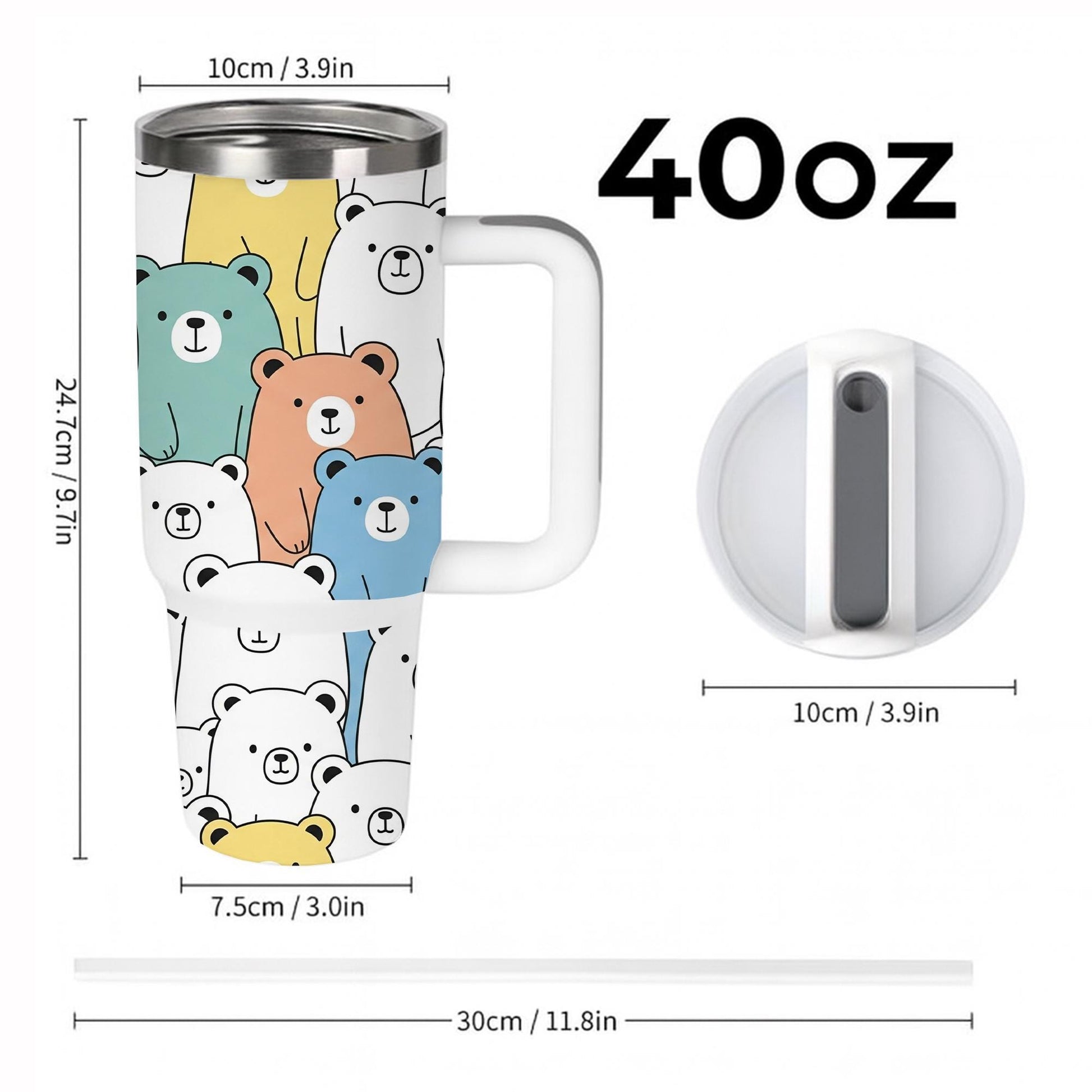 40 oz Bear Tumbler with Handle, Cute Pastel Animal Tumbler , Kawaii Tumbler , Large Travel Tumbler, Colorful Gift for Her or Him, Bear Lover