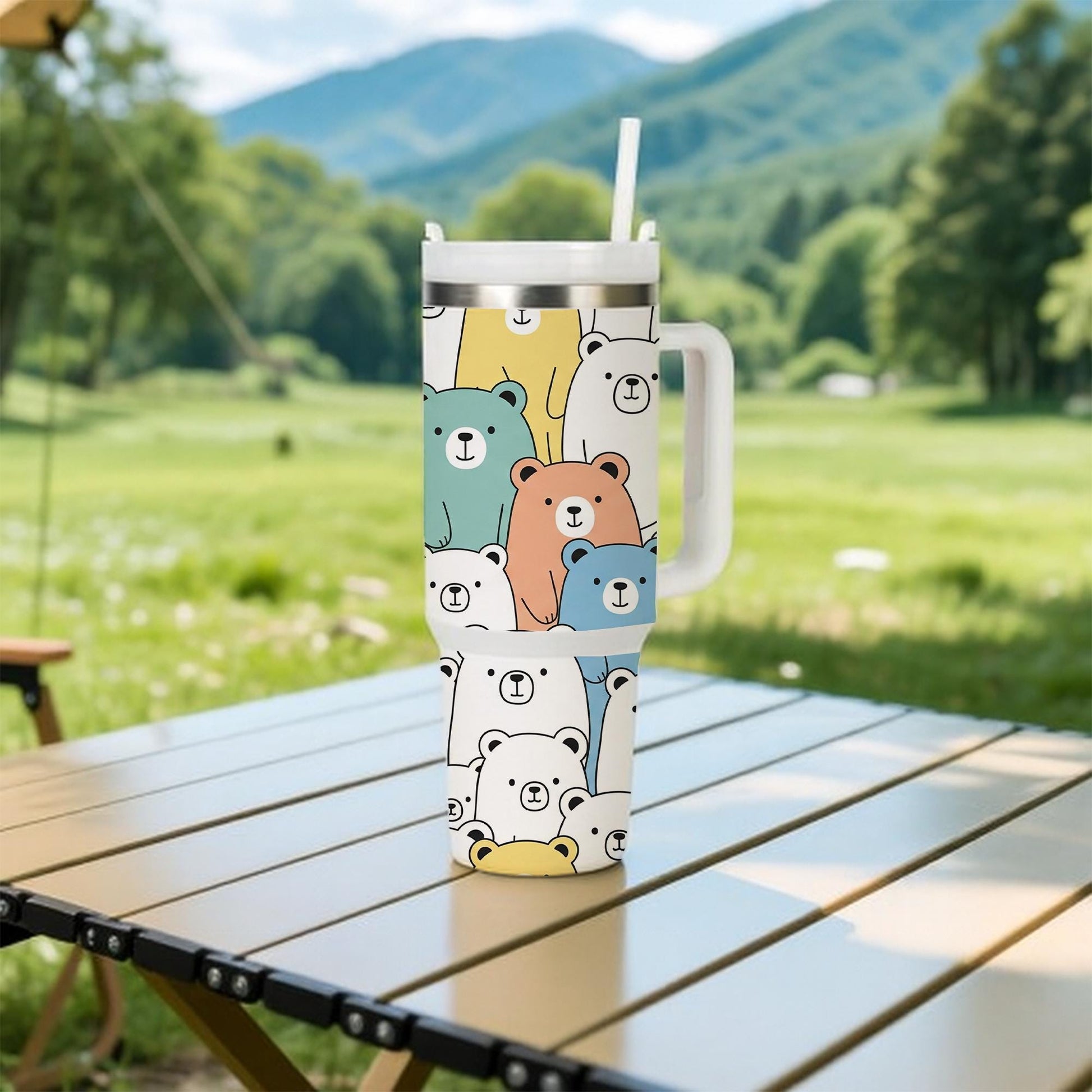 40 oz Bear Tumbler with Handle, Cute Pastel Animal Tumbler , Kawaii Tumbler , Large Travel Tumbler, Colorful Gift for Her or Him, Bear Lover