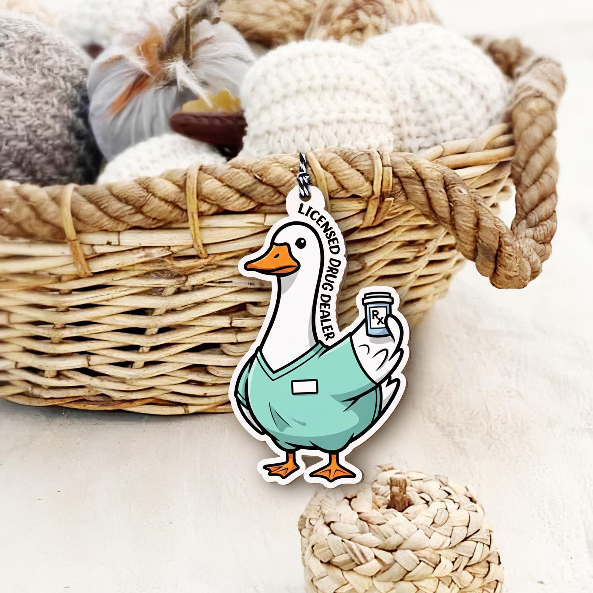Funny Pharmacist Gift Tag, Licensed Drug Dealer Car Charm, Pharmacy Tech Goose Ornament, Nurse Medical Humor Gift Basket Tag