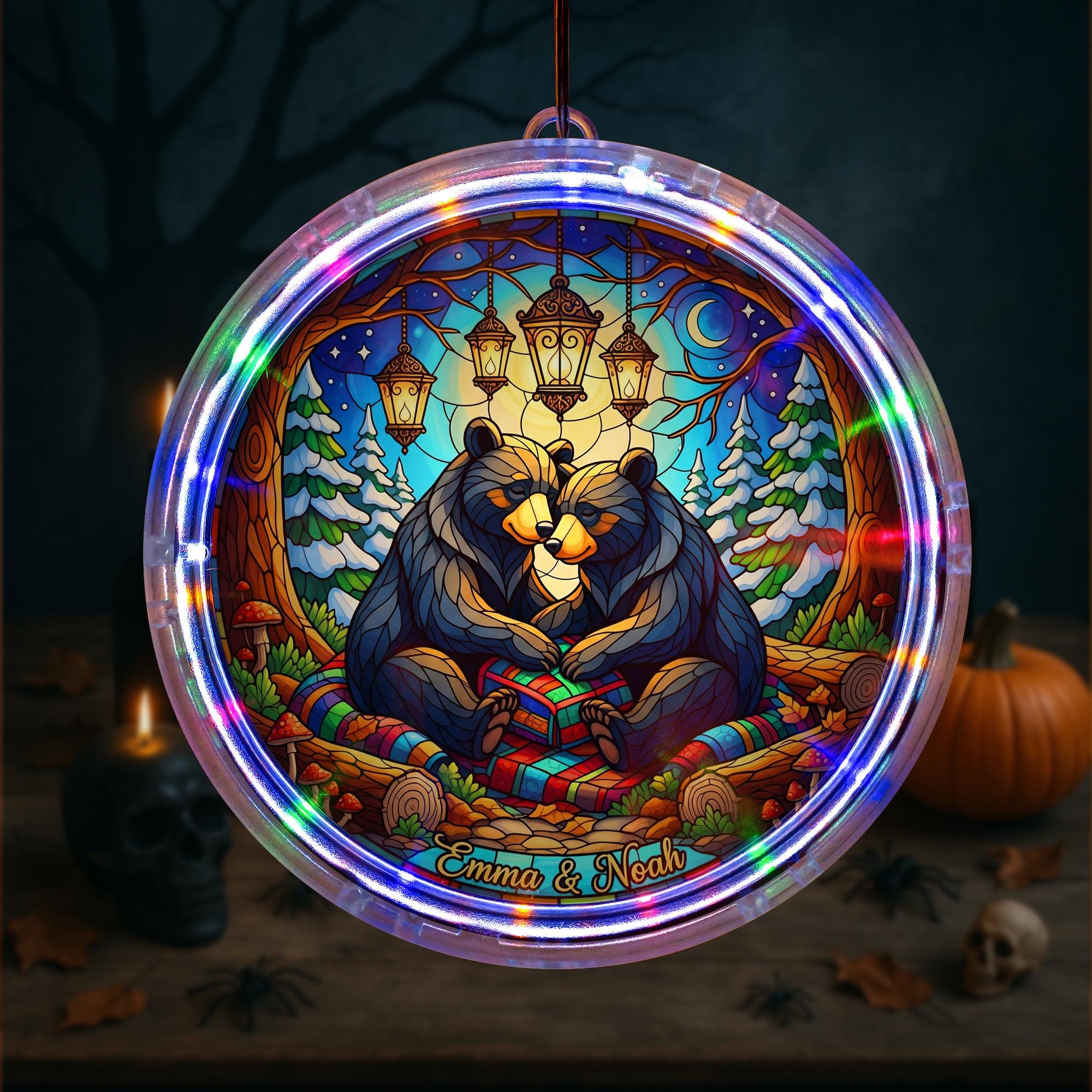 LED Bear Suncatcher with Lights, Personalized Stained Glass Hanging, Custom Forest Window Decor, Unique Couple Gift for Home