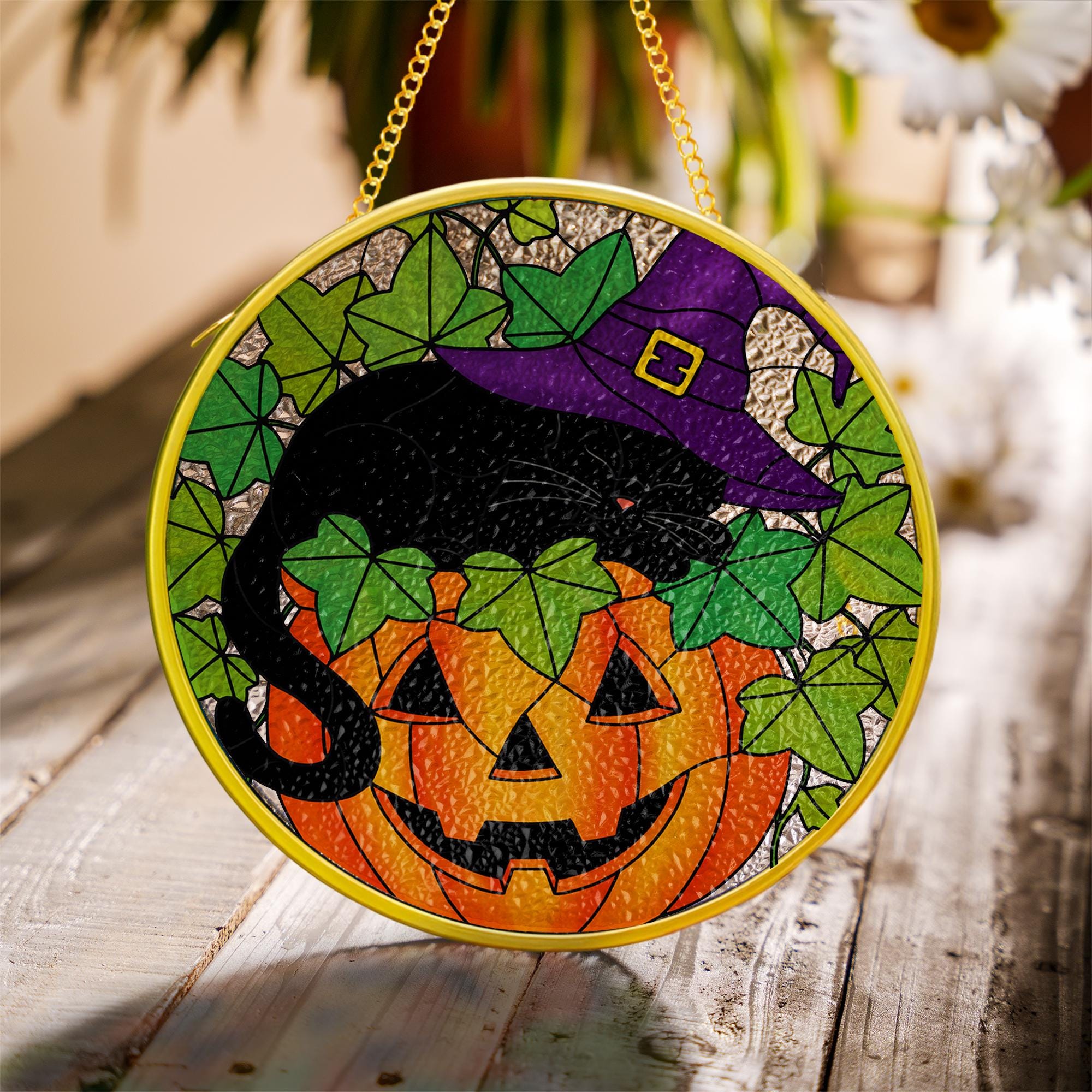 Black Cat Pumpkin Glass Suncatcher – FAUX Stained Glass Halloween Window Hanging – Witch Hat Kitty Fall Home Decor