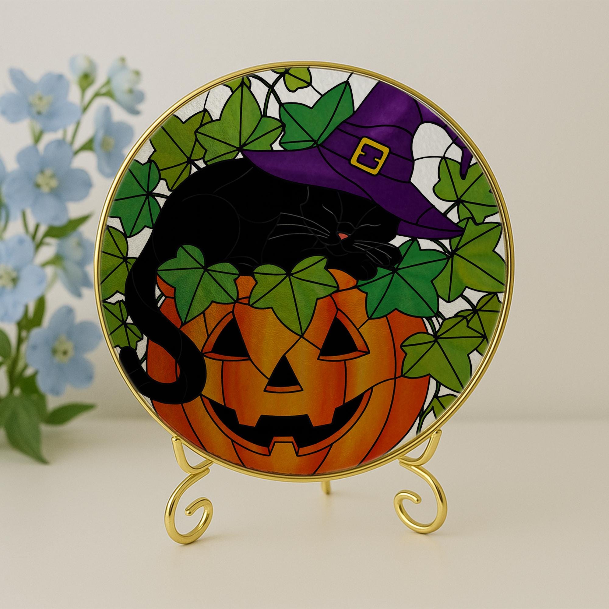 Black Cat Pumpkin Glass Suncatcher – FAUX Stained Glass Halloween Window Hanging – Witch Hat Kitty Fall Home Decor