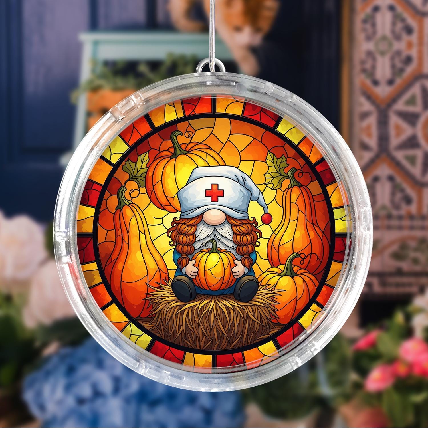 LED Suncatcher, Pumpkin Harvest Gnome Window Hanging, Nurse Hat Autumn Decor, Nurse Gift Fall Sun Catcher, Fall Decor Gift
