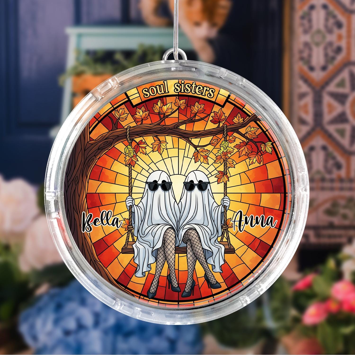 LED Suncatcher, Soul Sisters Ghost Window Hanging, Personalized Halloween Decor, Autumn Best Friend Sun Catcher Gift, Gift For Sister