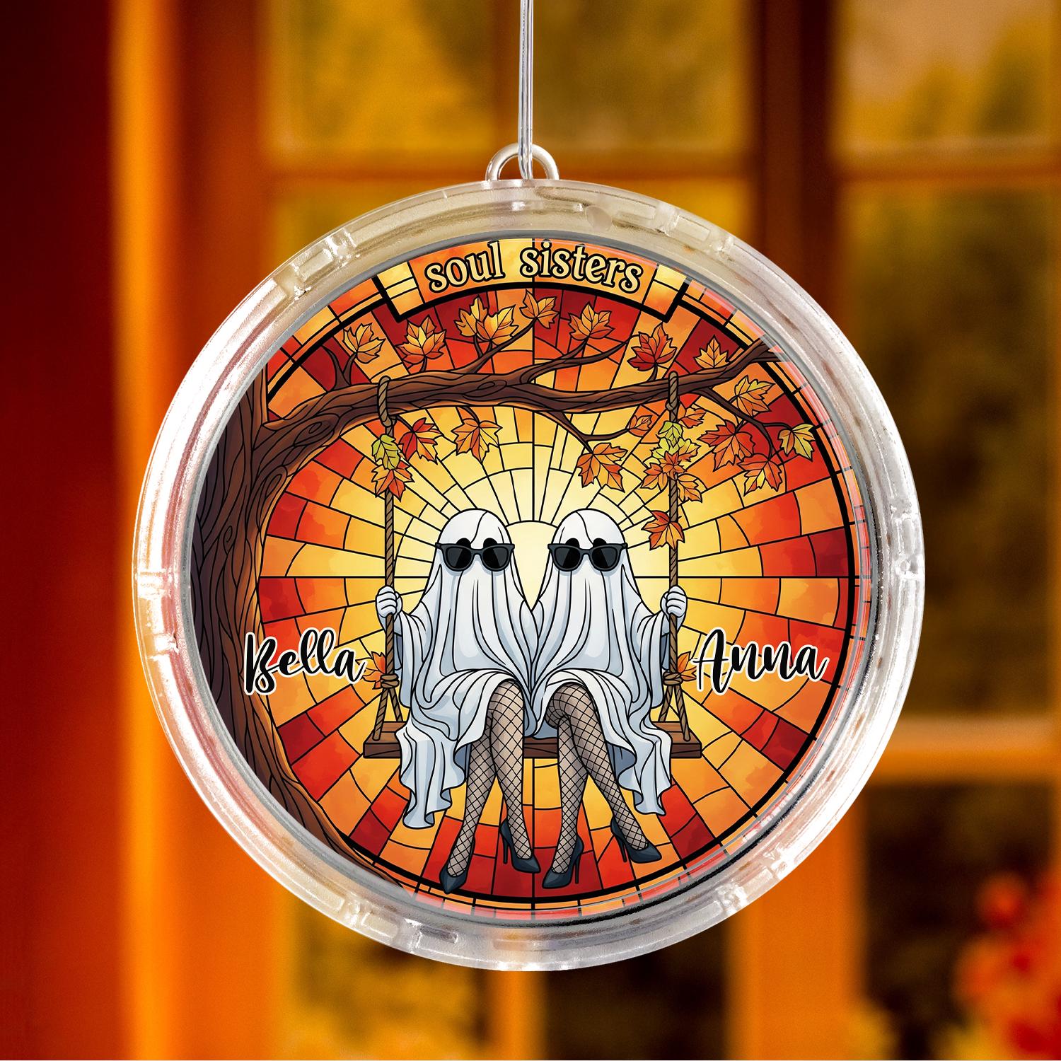 LED Suncatcher, Soul Sisters Ghost Window Hanging, Personalized Halloween Decor, Autumn Best Friend Sun Catcher Gift, Gift For Sister