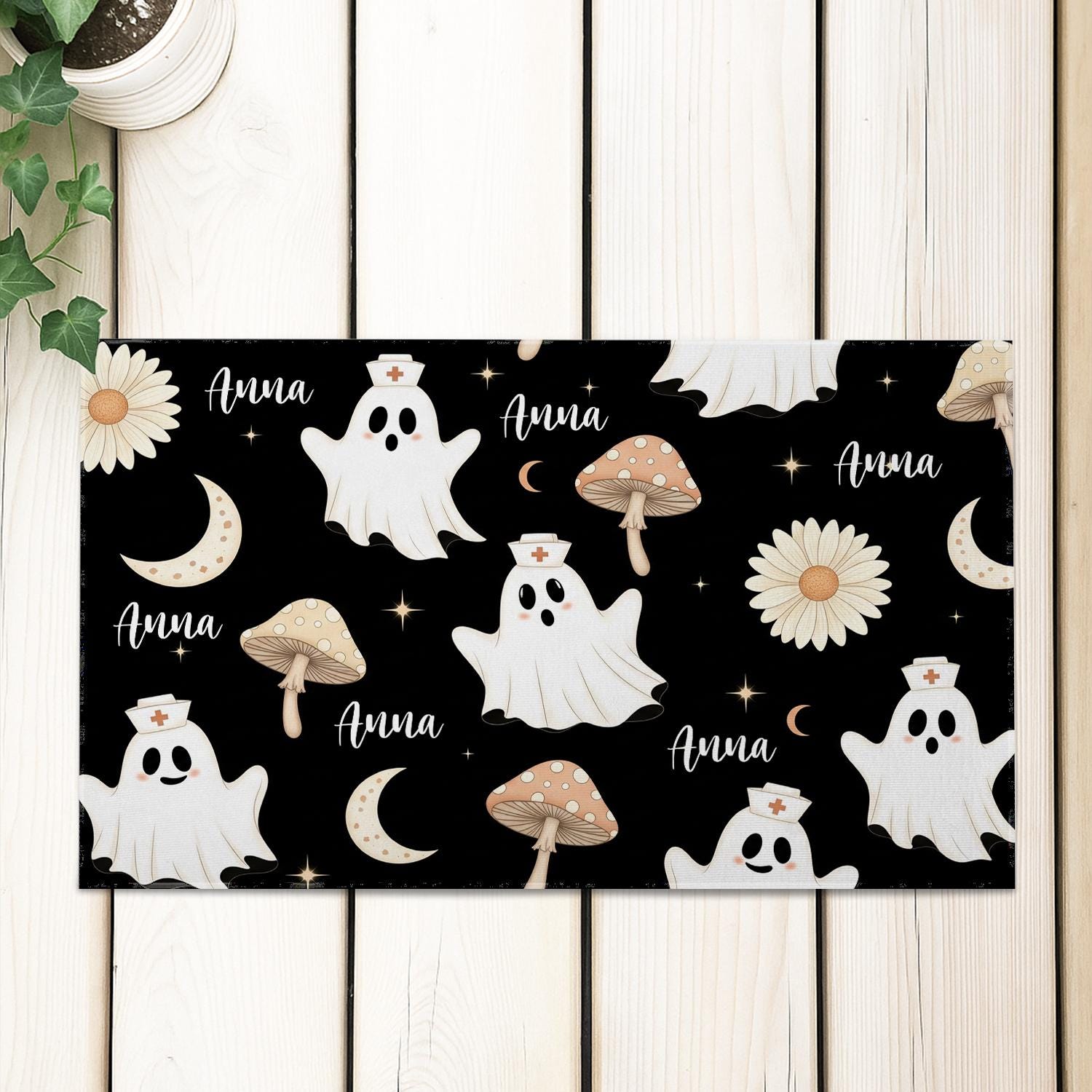Personalized Nurse Ghost Doormat, Custom Halloween Rug, Cute Spooky Welcome Mat, Name Entryway Floor Decor, Fall Home Gift, Nurse Gift
