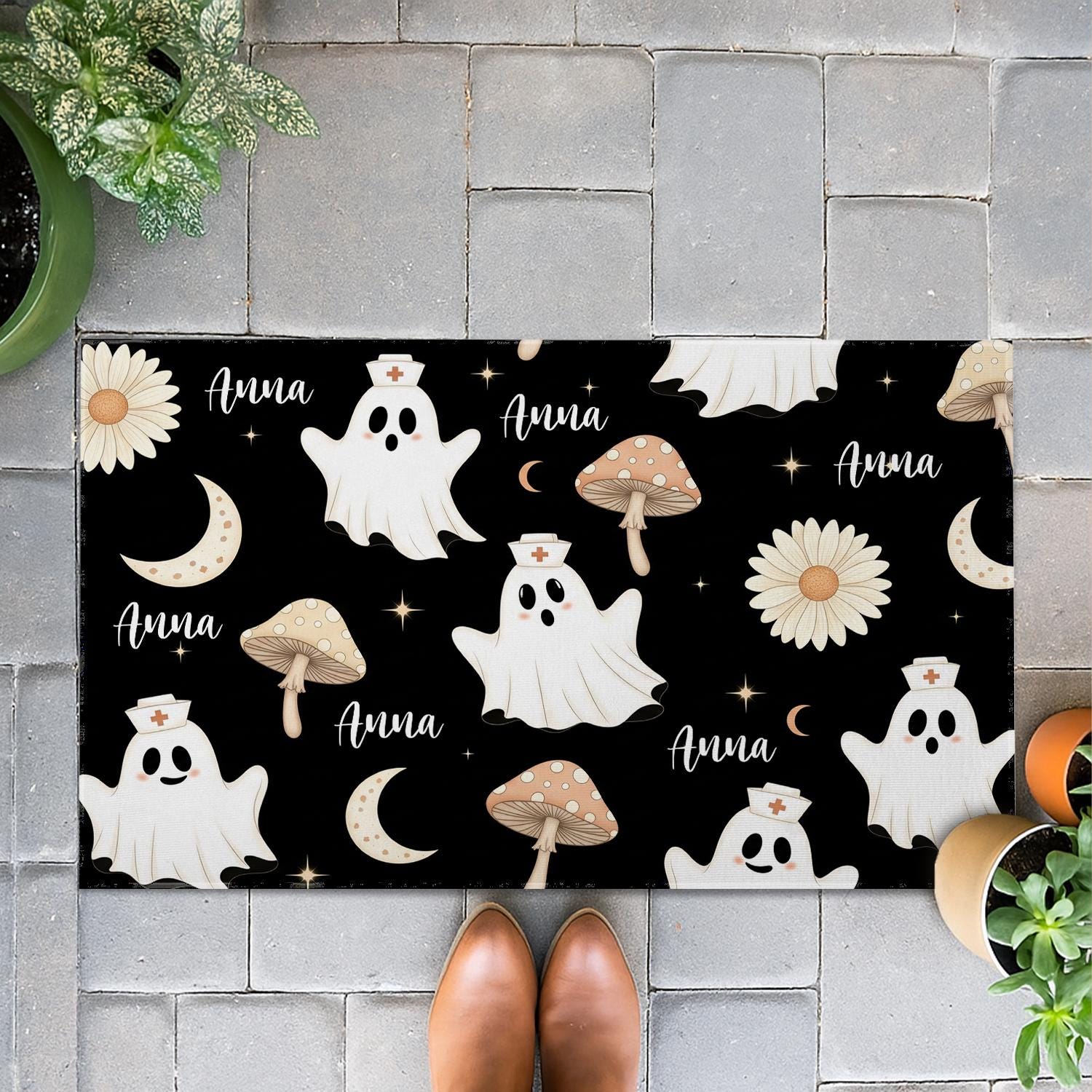 Personalized Nurse Ghost Doormat, Custom Halloween Rug, Cute Spooky Welcome Mat, Name Entryway Floor Decor, Fall Home Gift, Nurse Gift
