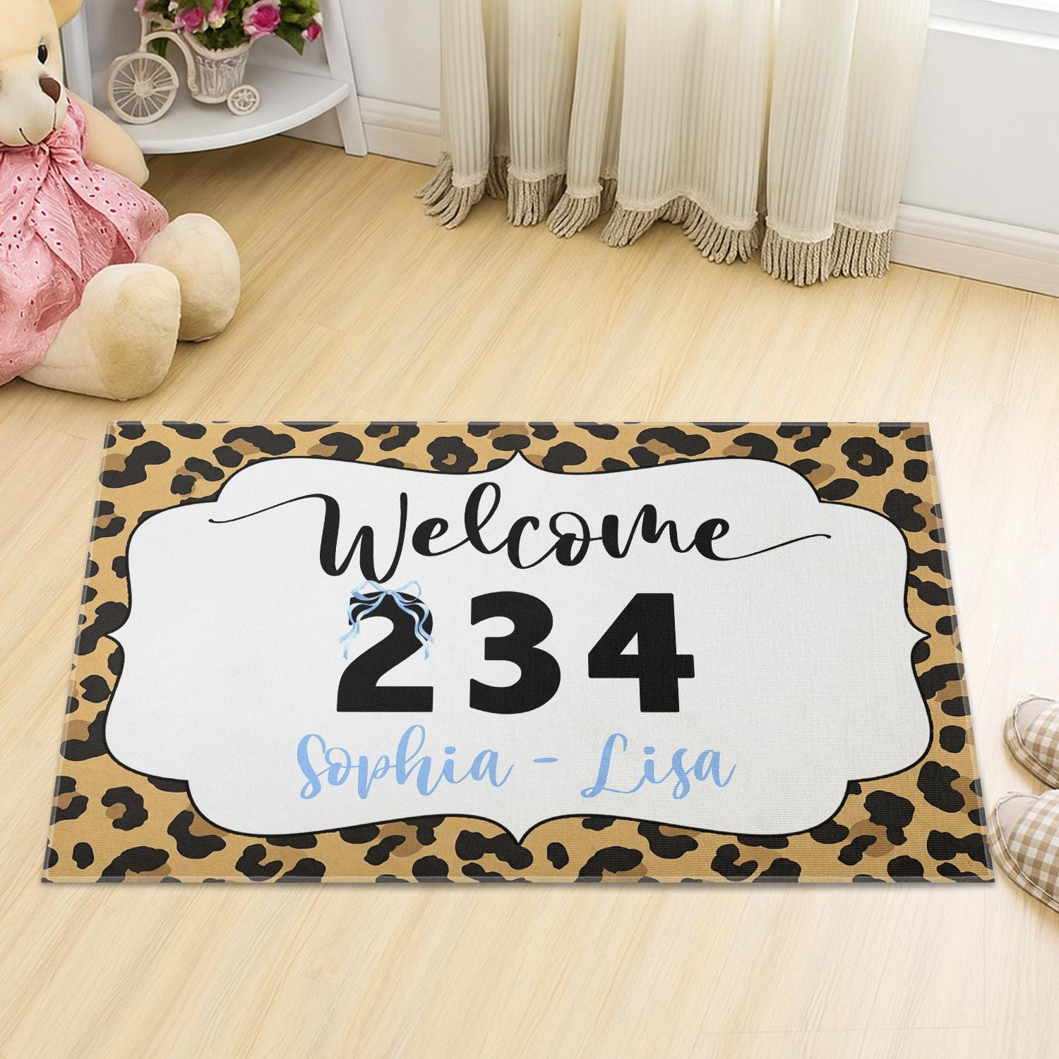 Personalized Leopard Print Doormat, Custom House Number Rug, Welcome Mat with Names, Entryway Floor Decor, Gift for Homeowners, Sister Gift