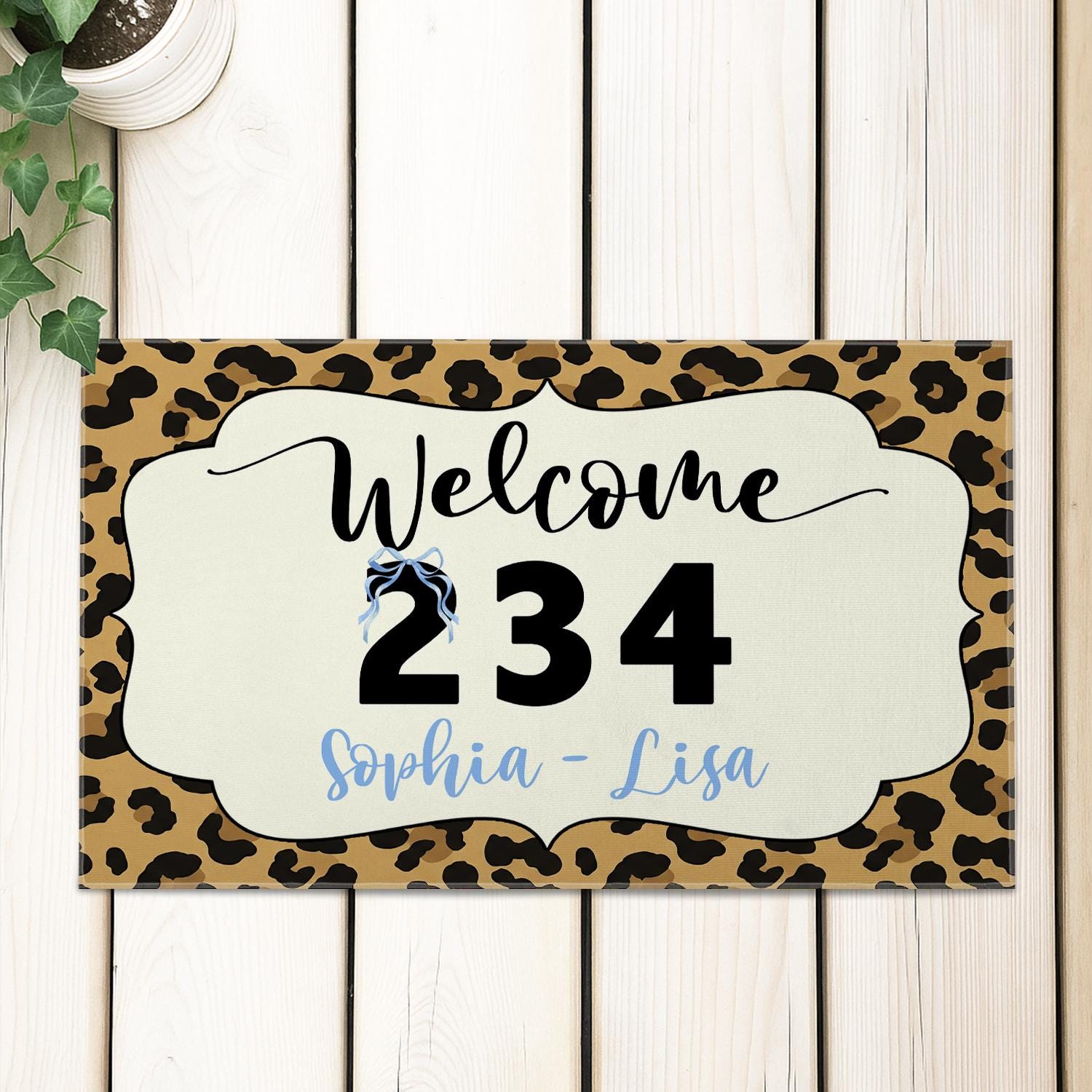Personalized Leopard Print Doormat, Custom House Number Rug, Welcome Mat with Names, Entryway Floor Decor, Gift for Homeowners, Sister Gift