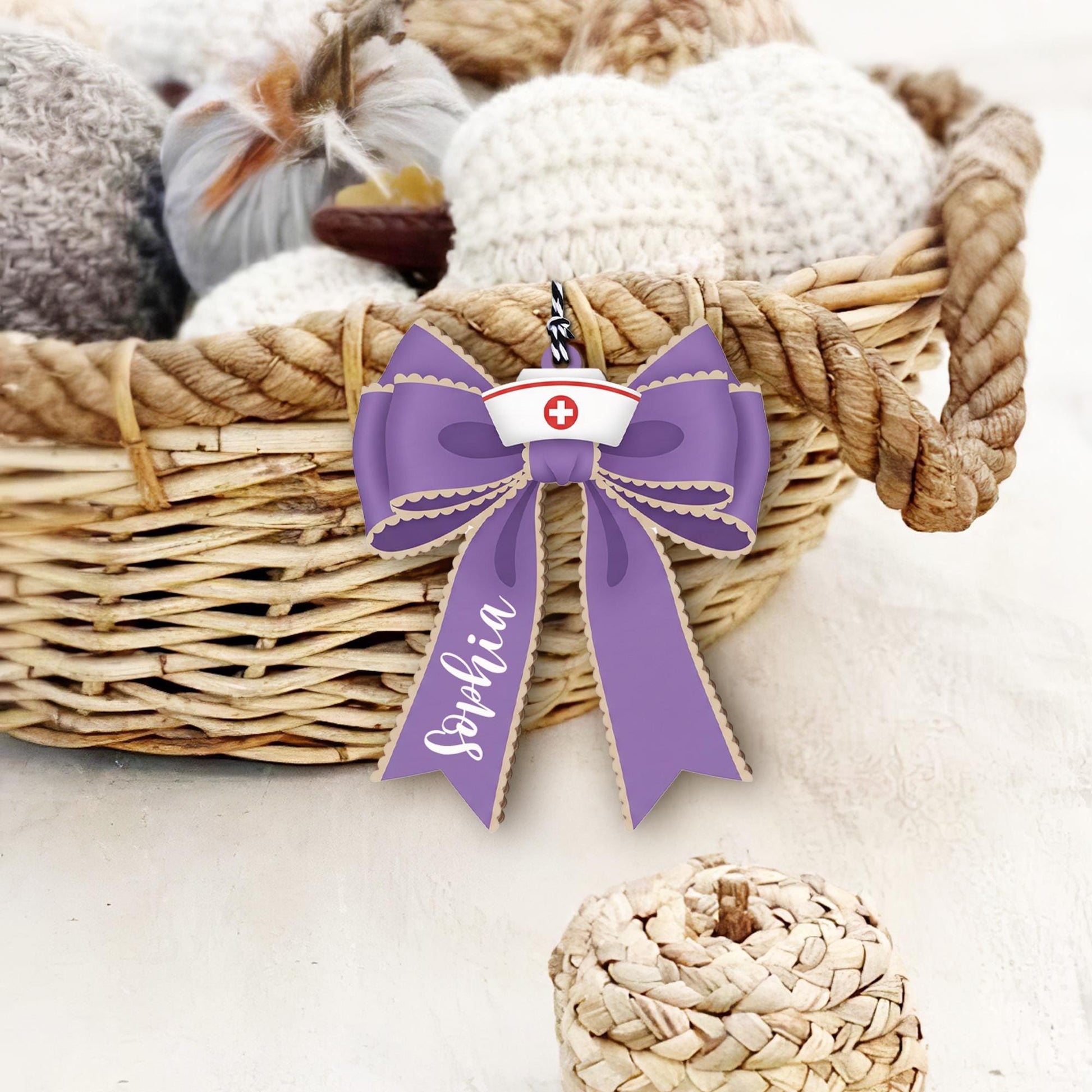 Personalized Nurse Basket Tag, Custom Bow Gift Tag, Nurse Graduation Decor, Medical Appreciation Ornament, Nurse Bag Tag, Cute Nurse Gift