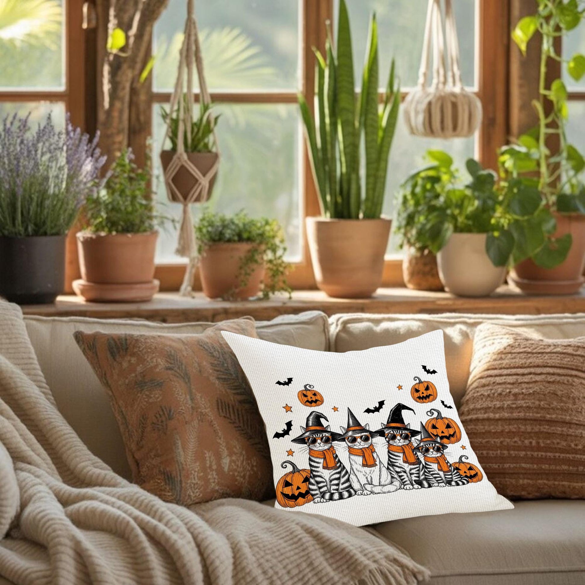 Halloween Cat Pillow Cover: Witch Cats, Pumpkins & Bats