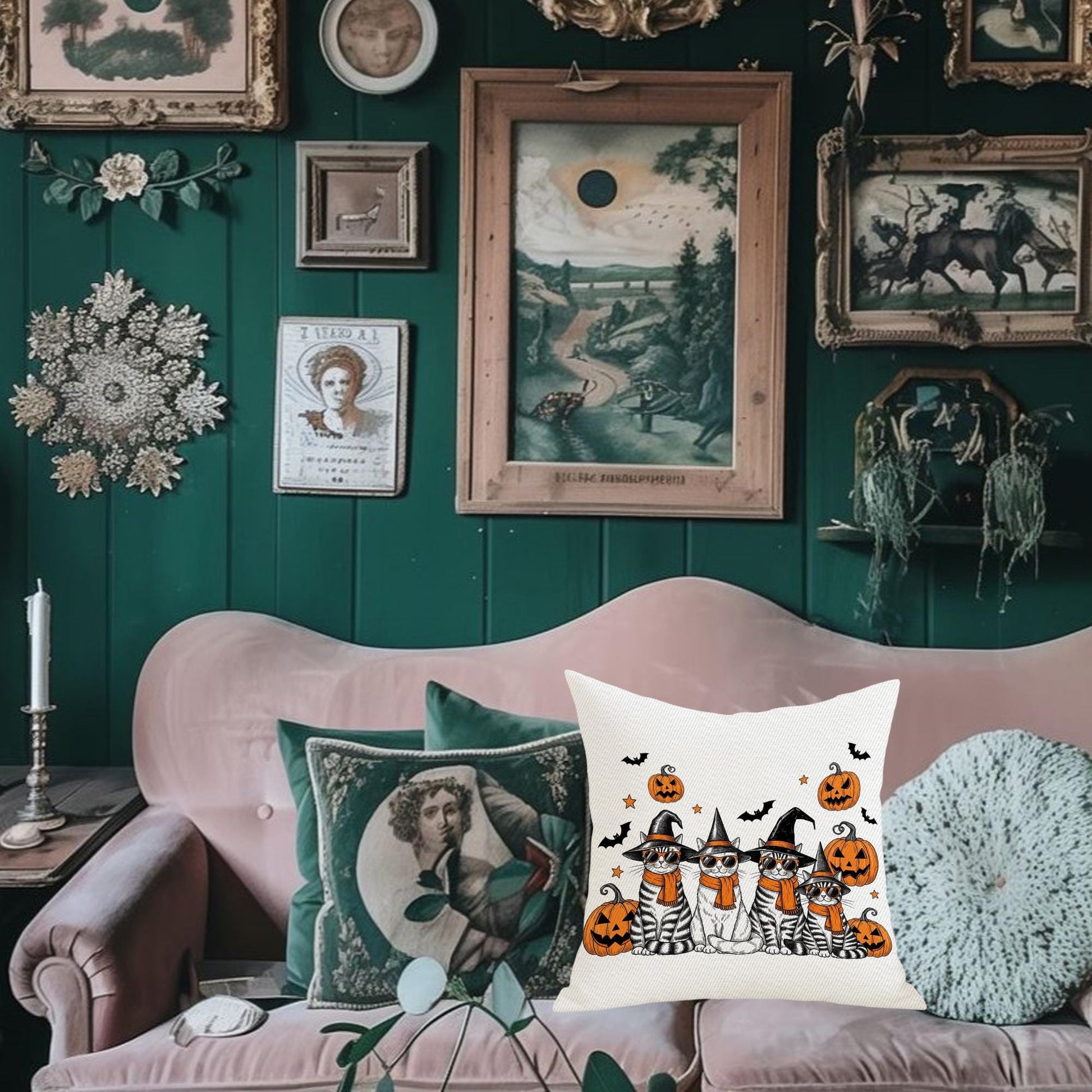 Halloween Cat Pillow Cover: Witch Cats, Pumpkins & Bats