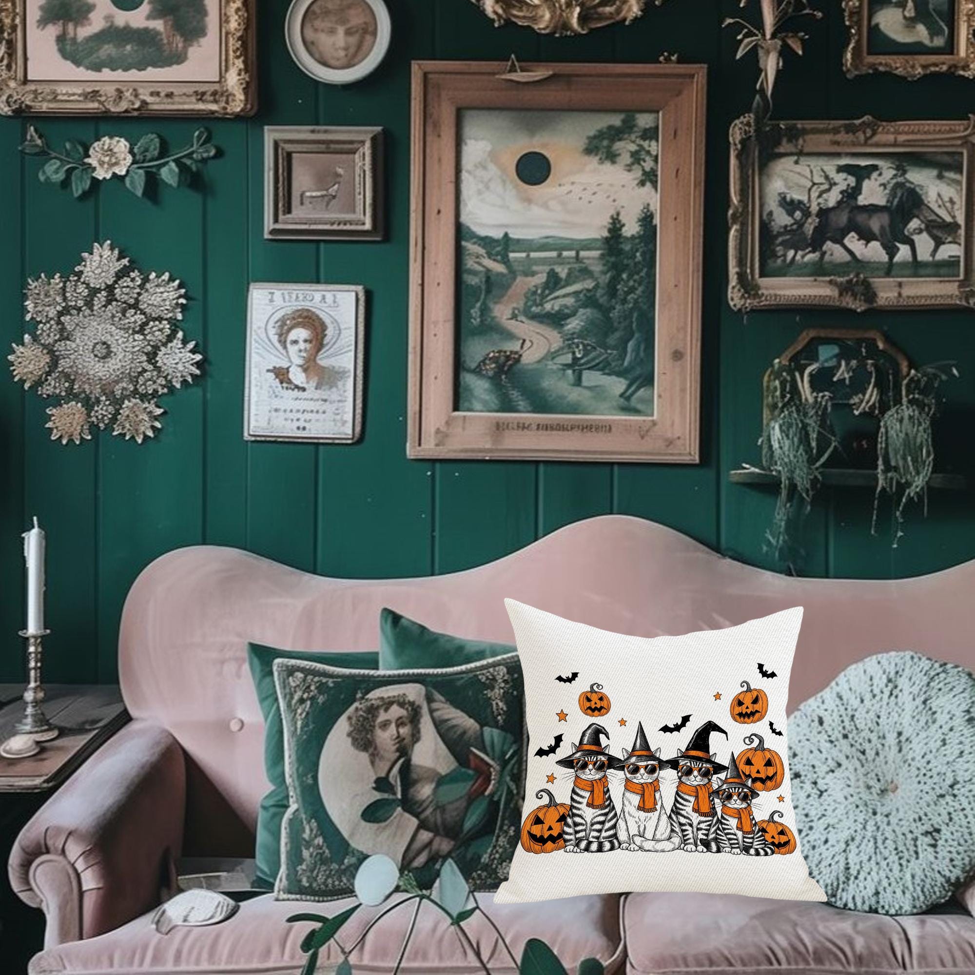 Halloween Cat Pillow Cover: Witch Cats, Pumpkins & Bats