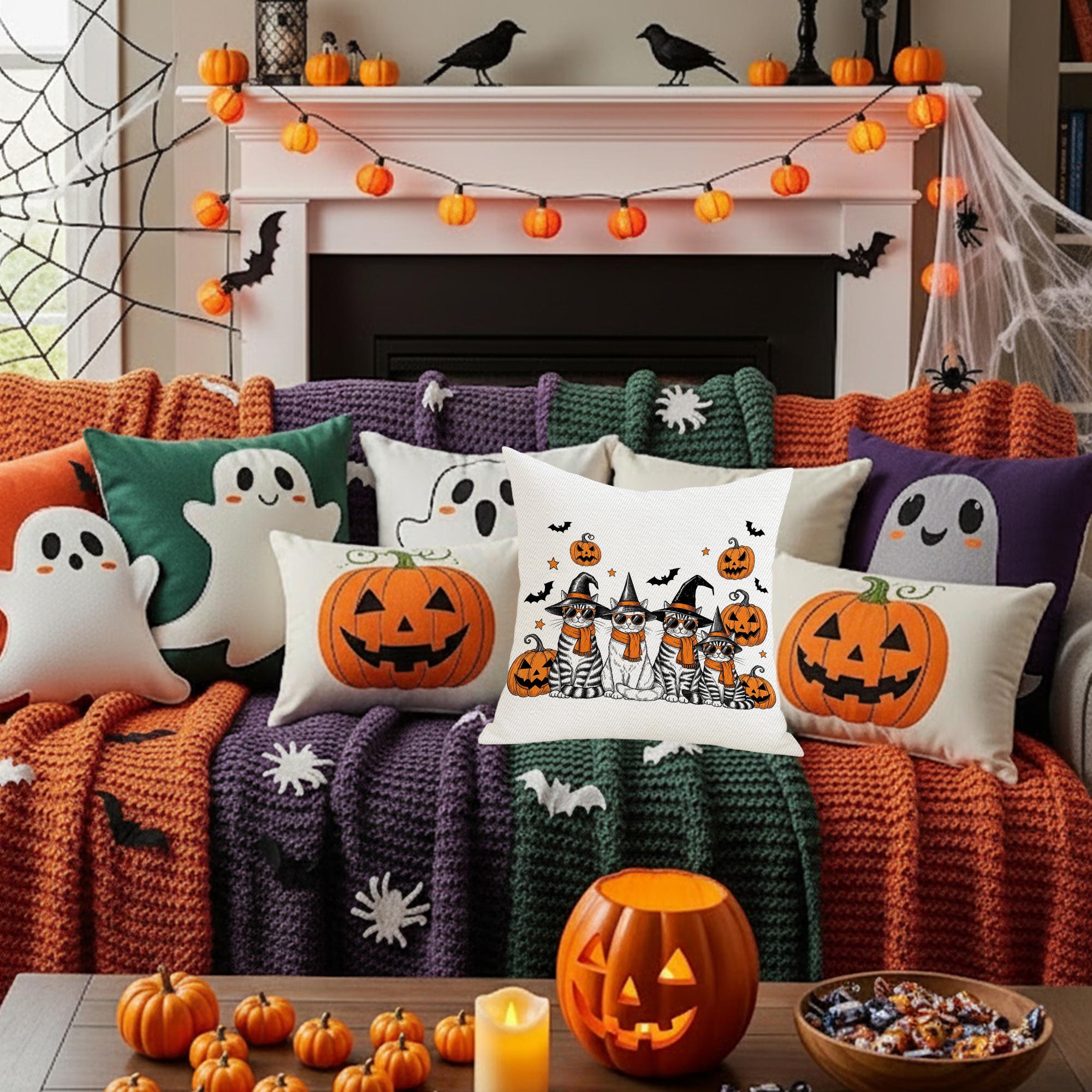 Halloween Cat Pillow Cover: Witch Cats, Pumpkins & Bats