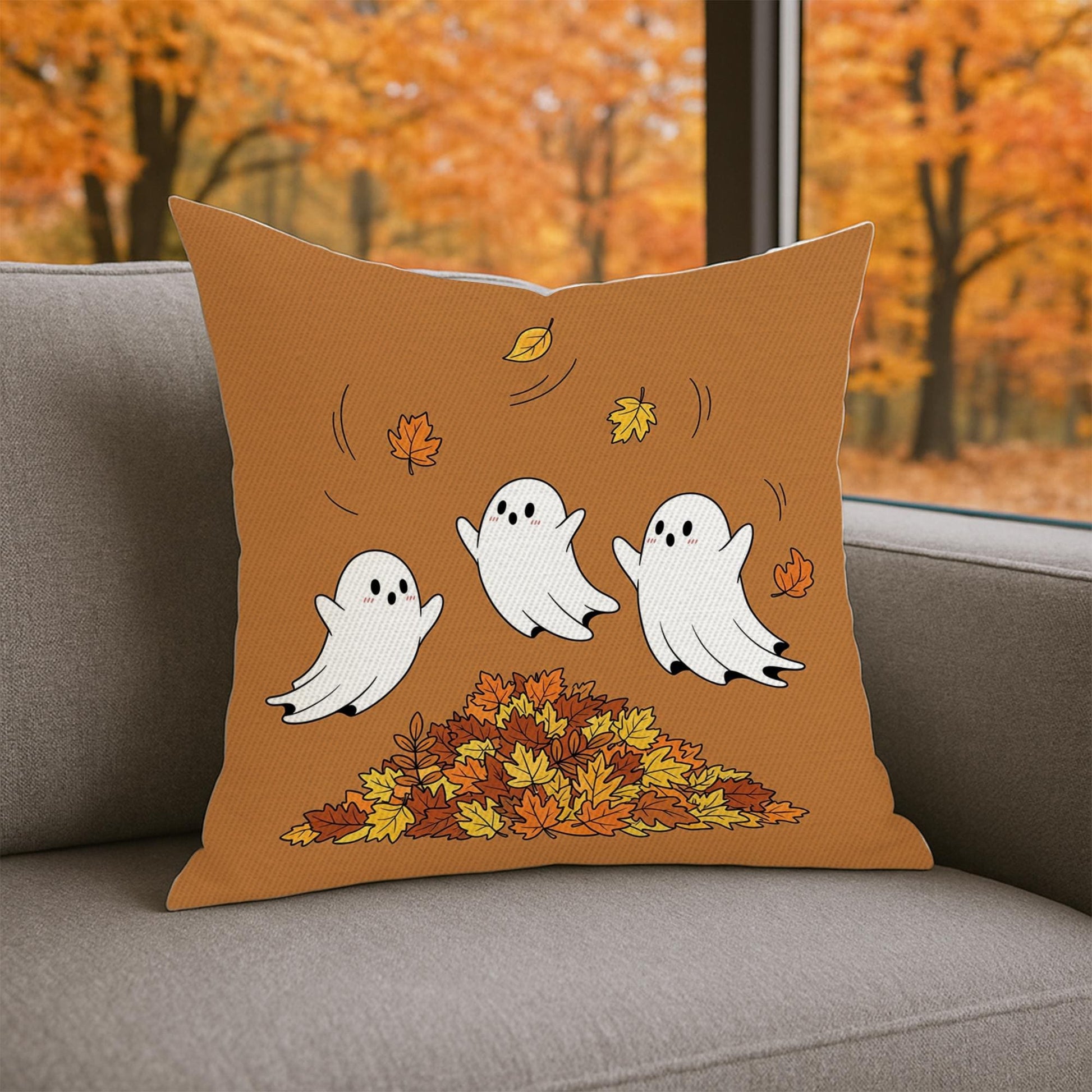 Ghost Pillow Cover: Halloween Throw Pillow with Autumn Leaves