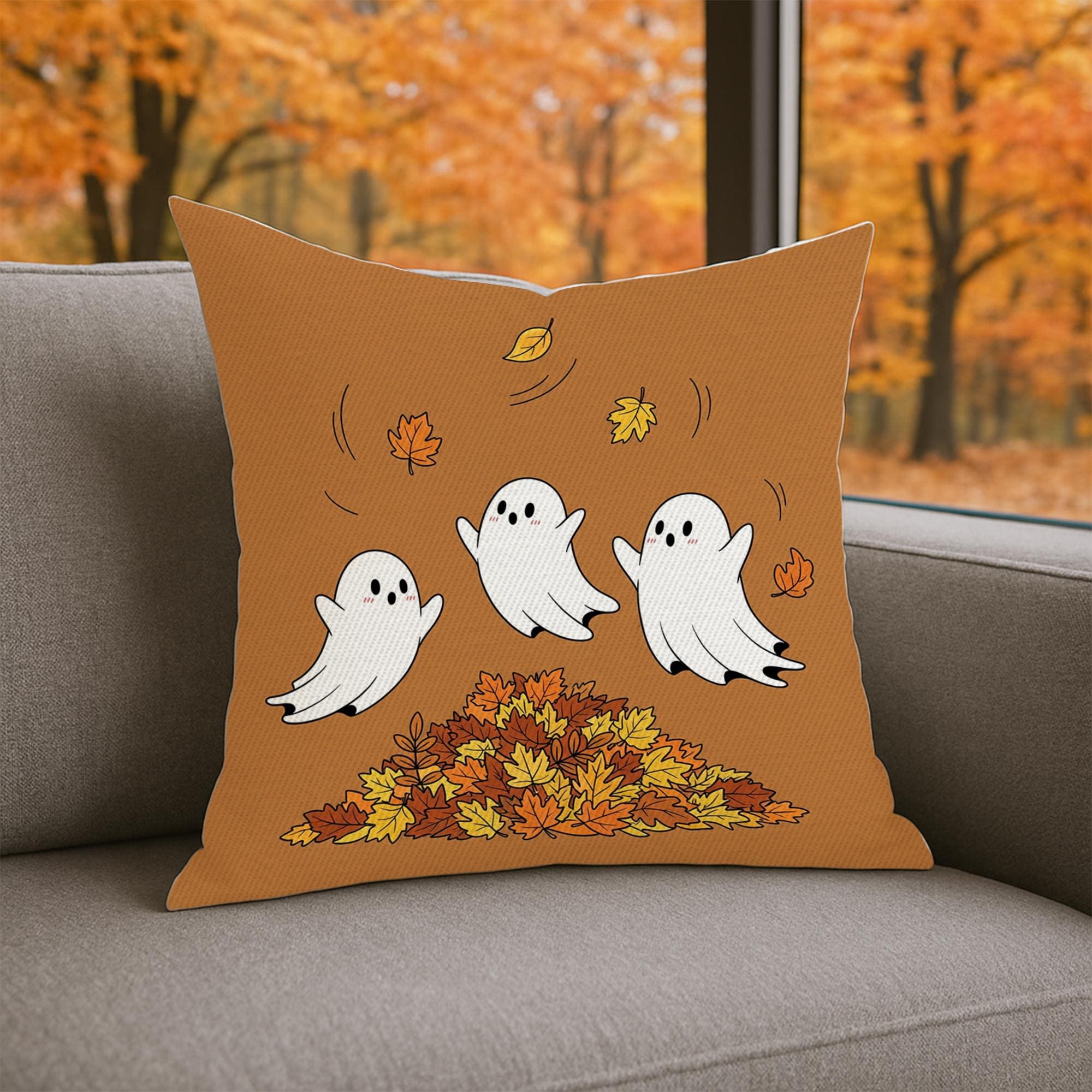 Ghost Pillow Cover: Halloween Throw Pillow with Autumn Leaves