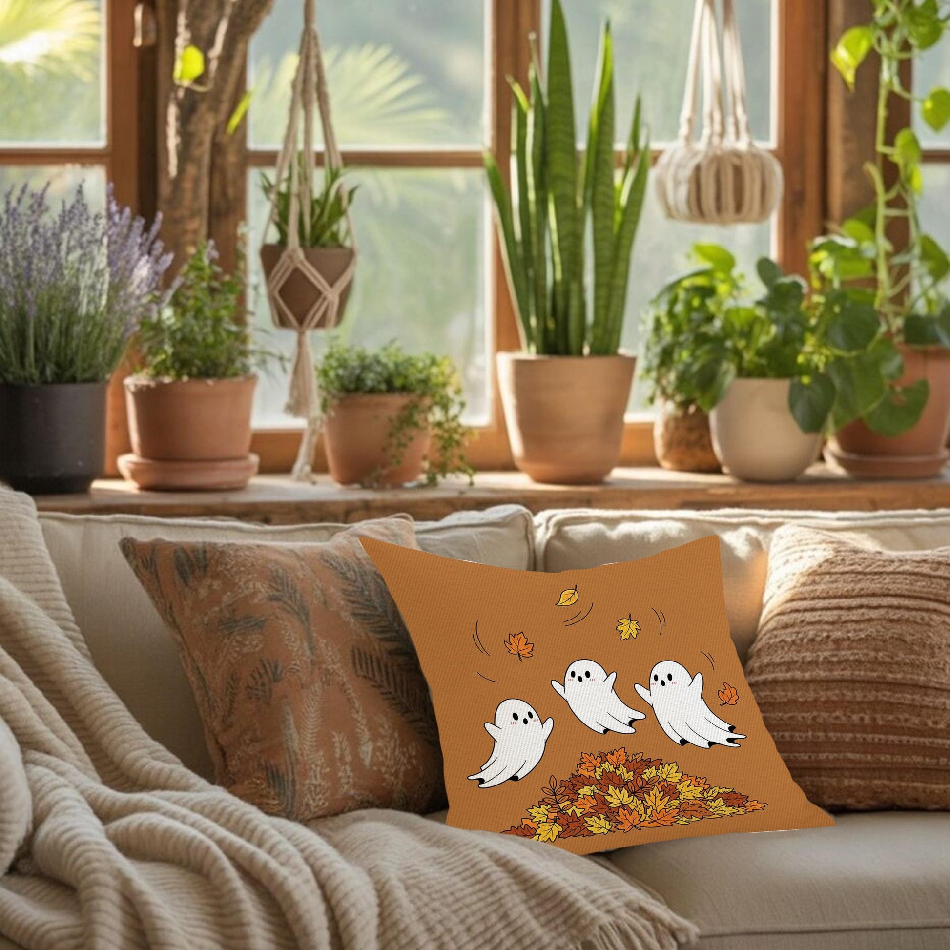 Ghost Pillow Cover: Halloween Throw Pillow with Autumn Leaves