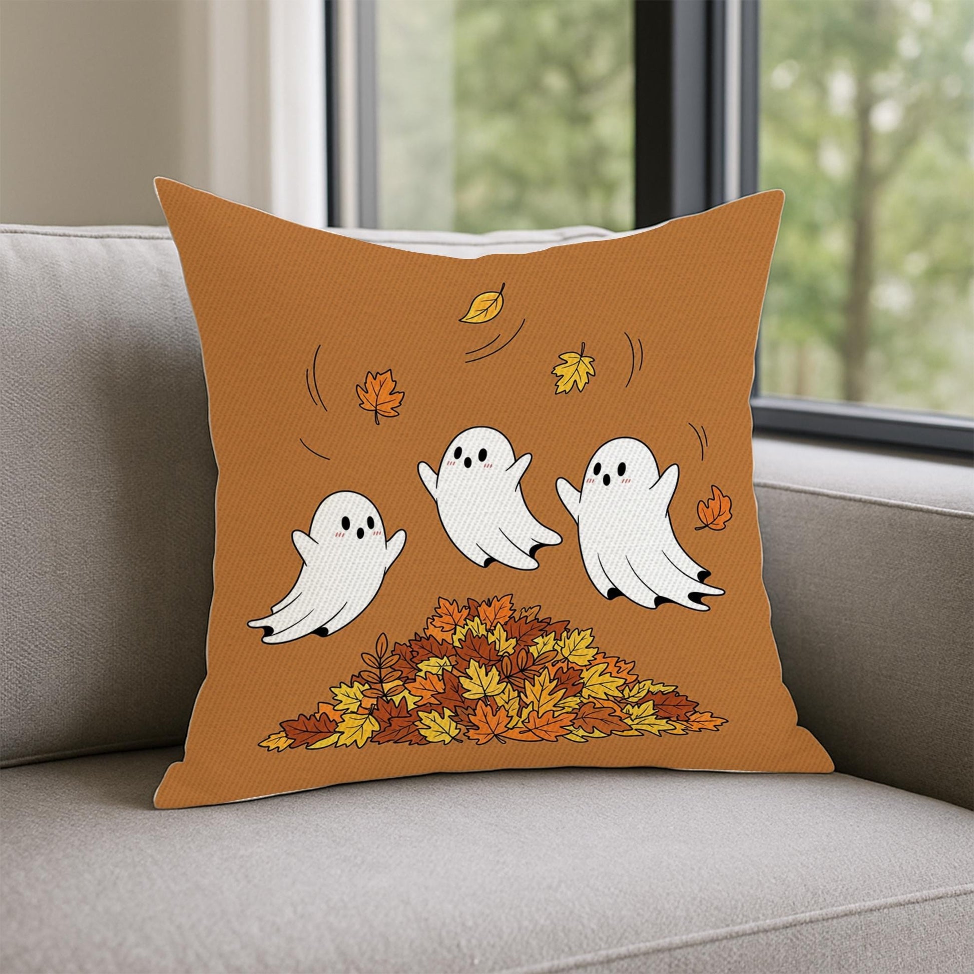 Ghost Pillow Cover: Halloween Throw Pillow with Autumn Leaves