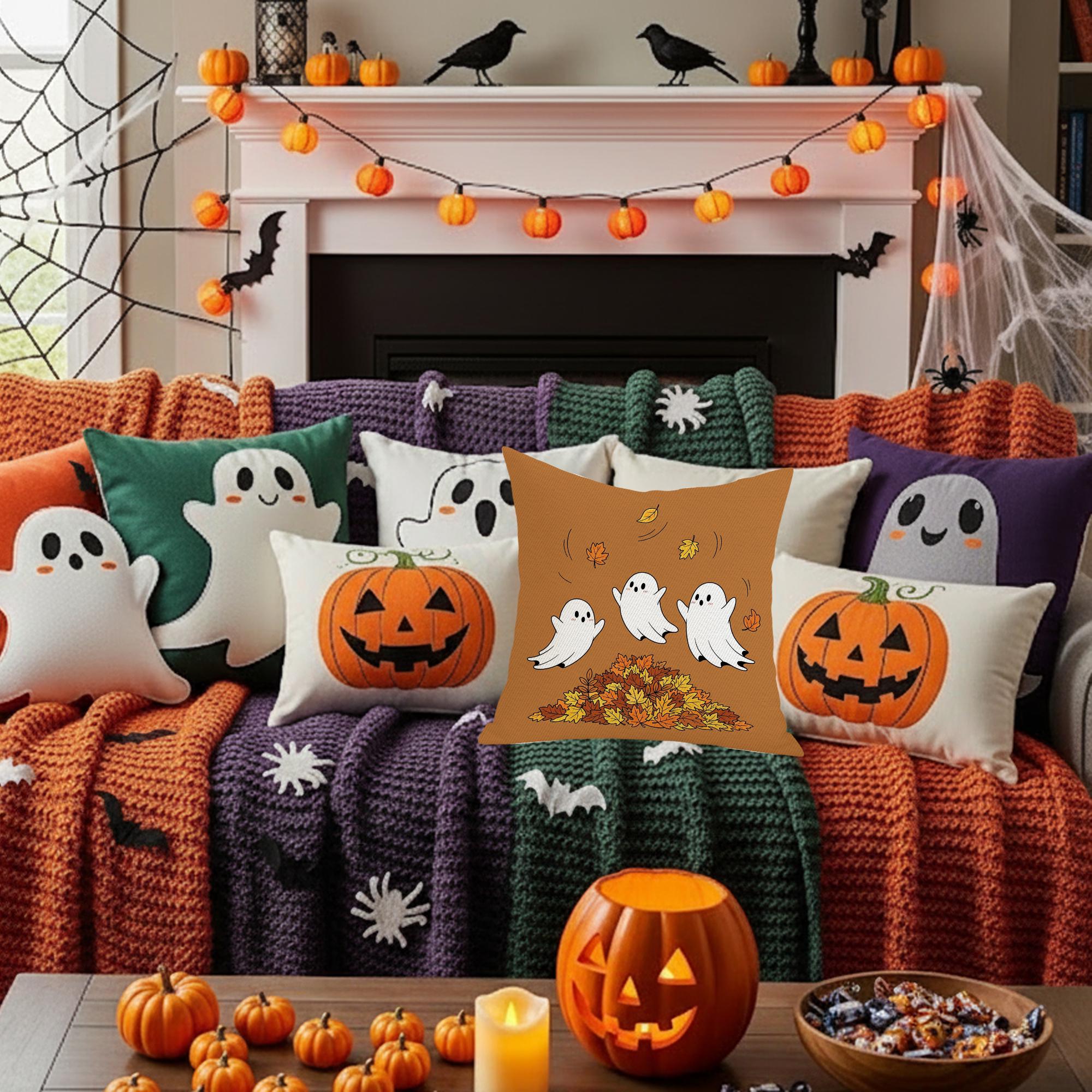 Ghost Pillow Cover: Halloween Throw Pillow with Autumn Leaves