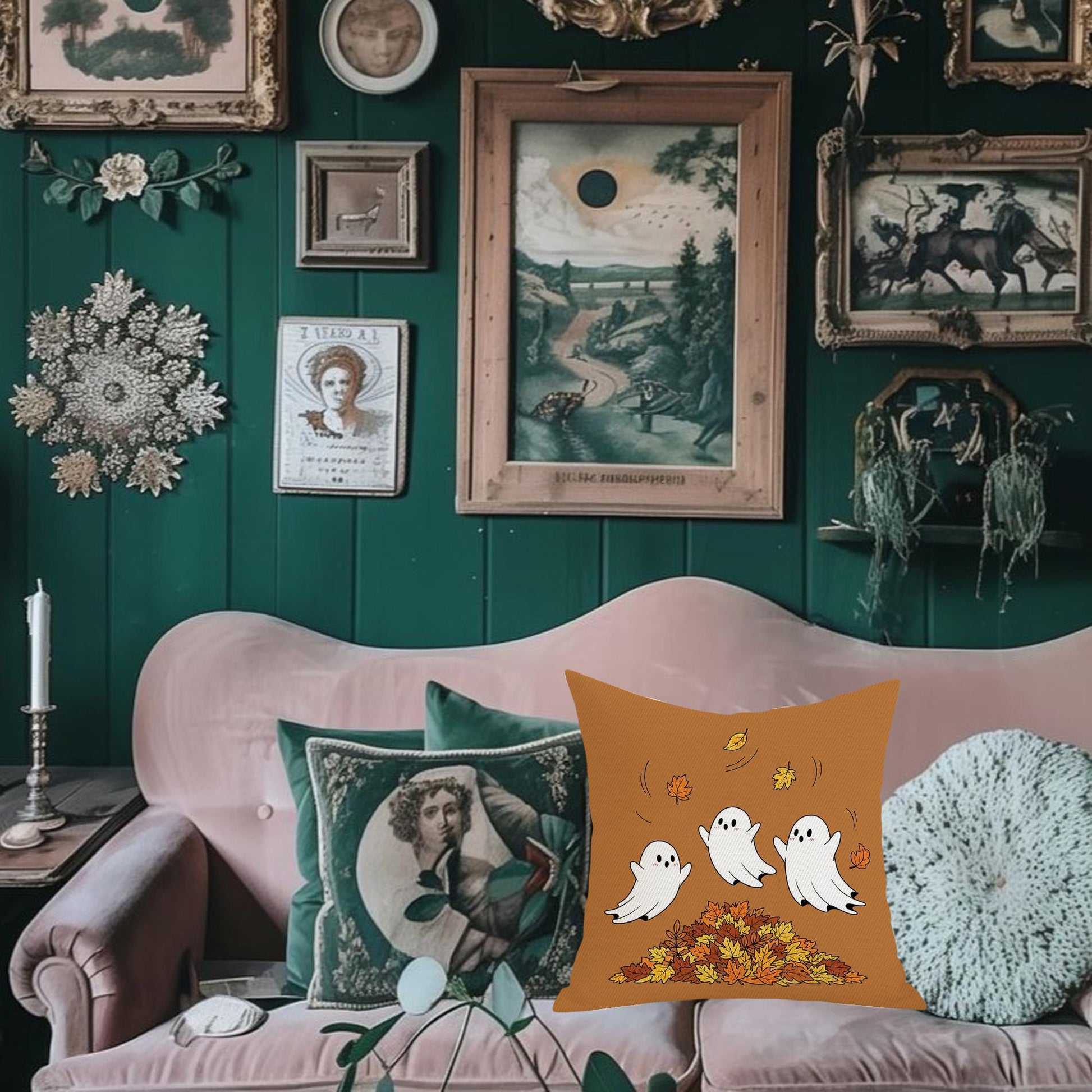 Ghost Pillow Cover: Halloween Throw Pillow with Autumn Leaves