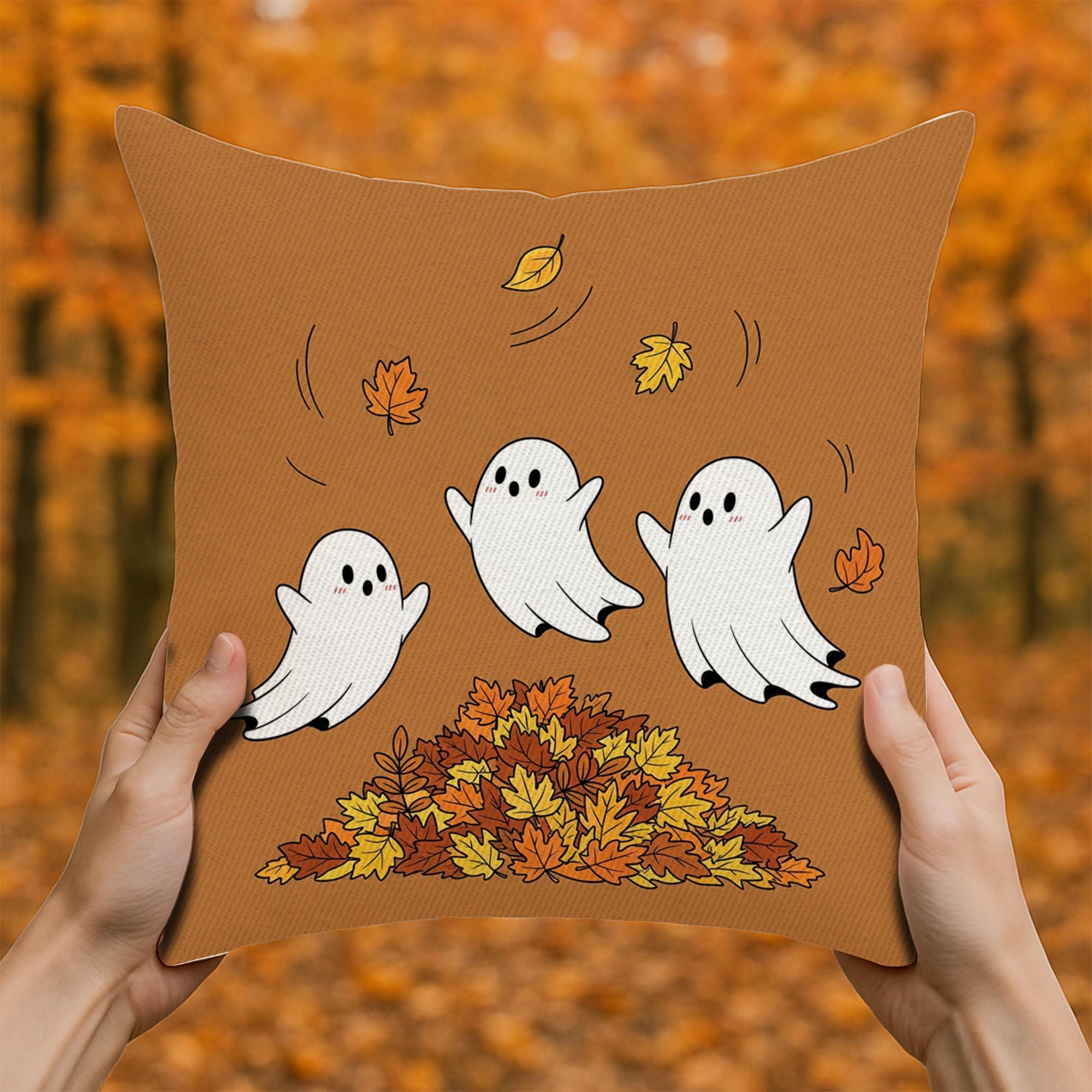 Ghost Pillow Cover: Halloween Throw Pillow with Autumn Leaves
