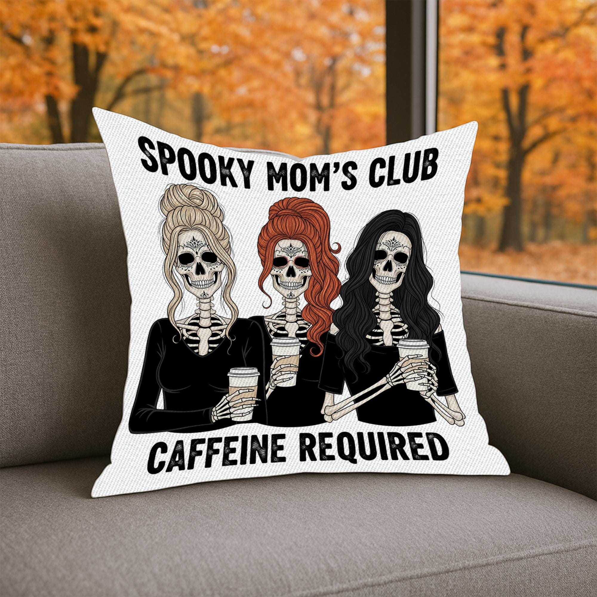 Spooky Mom's Club Pillow Cover: Skeleton Coffee Lover Halloween Decor