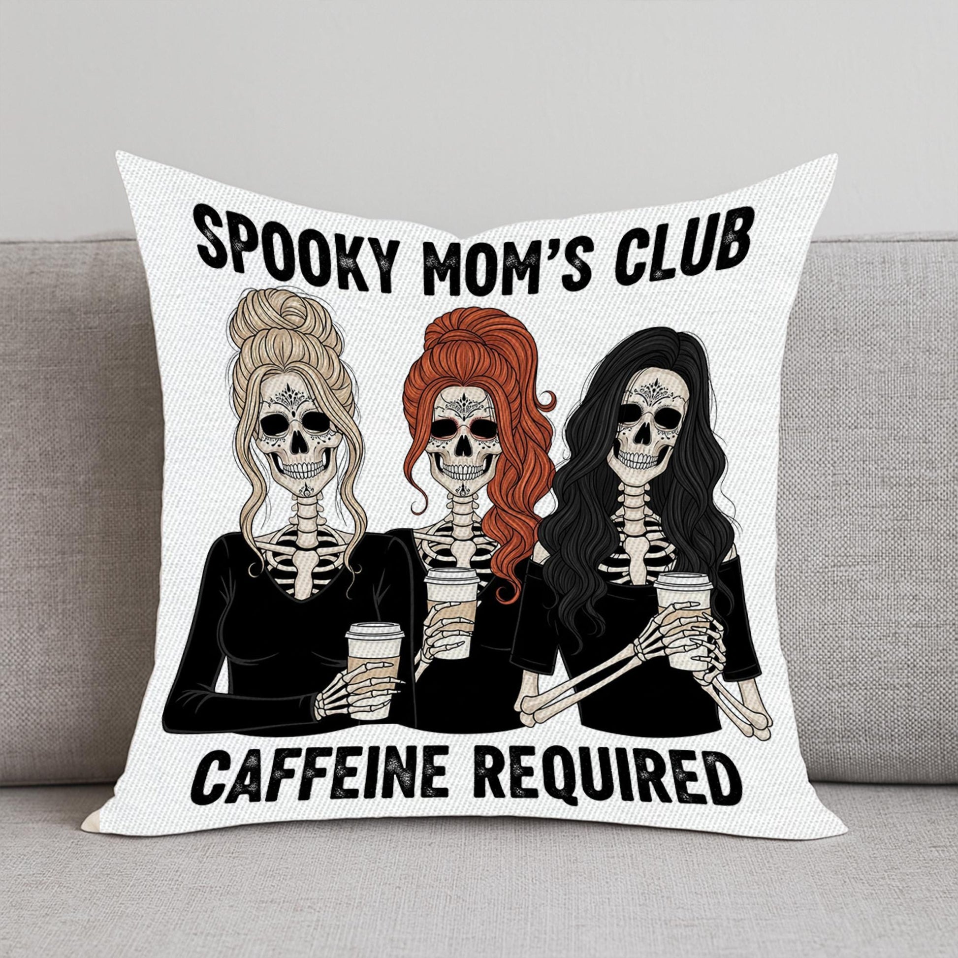 Spooky Mom's Club Pillow Cover: Skeleton Coffee Lover Halloween Decor