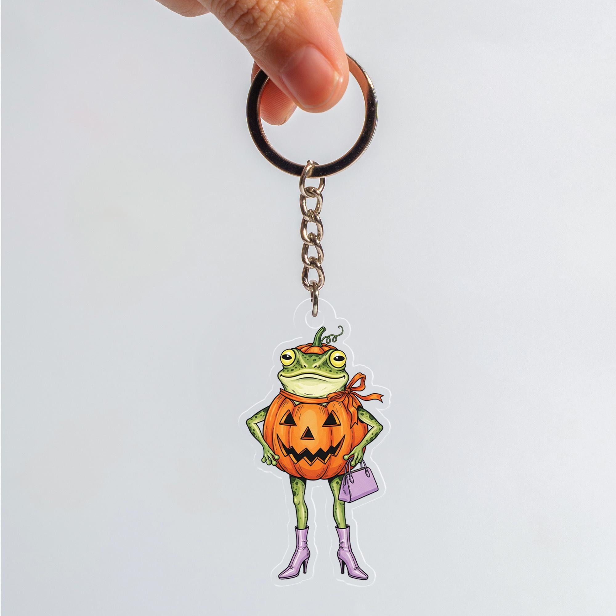Frog Pumpkin Keychain – Cute Halloween Acrylic Keychain, Funny Frog Lover Gift, Spooky Fall Bag Charm, Trick or Treat Accessory