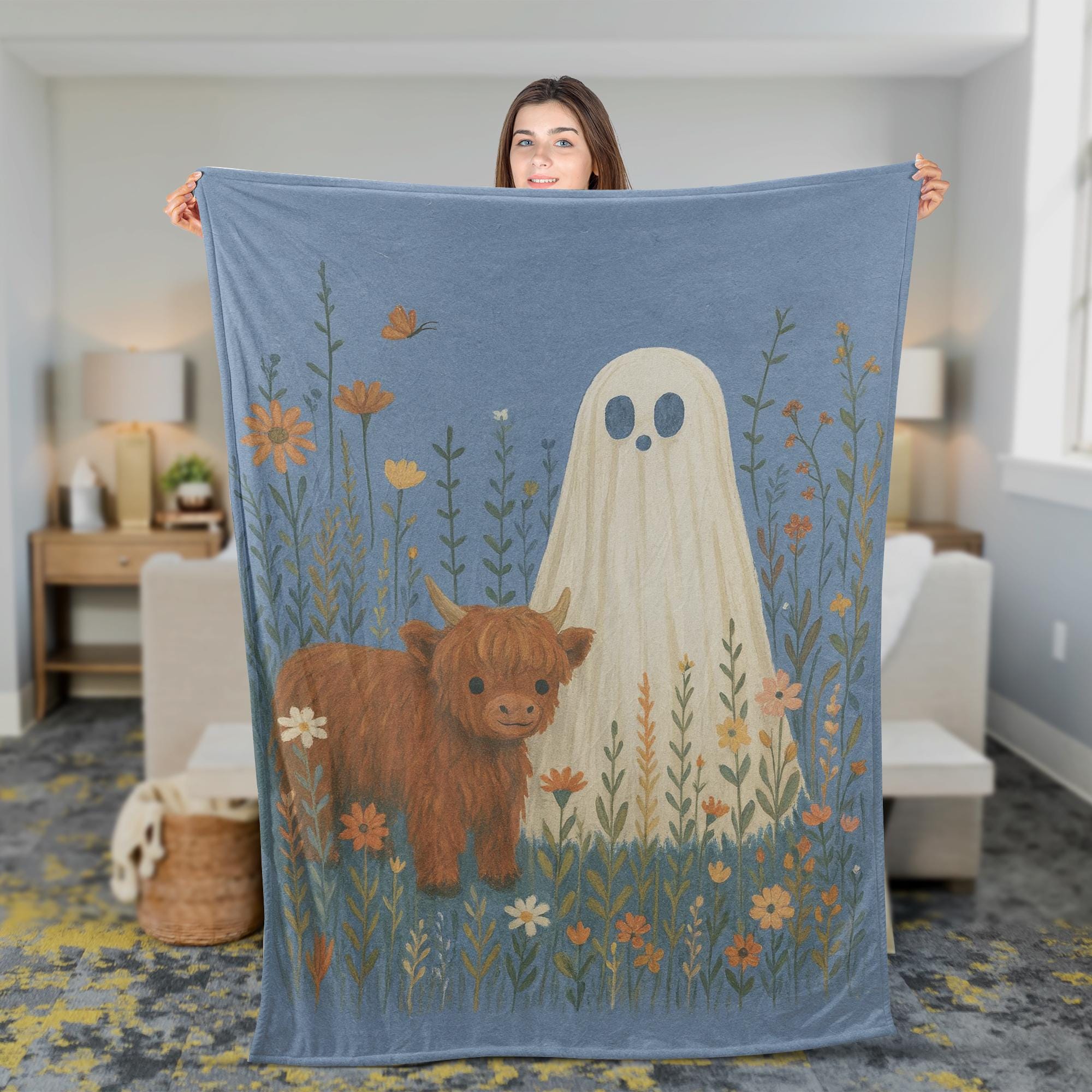 Ghost and Highland Cow Blanket: Cottagecore Halloween Throw