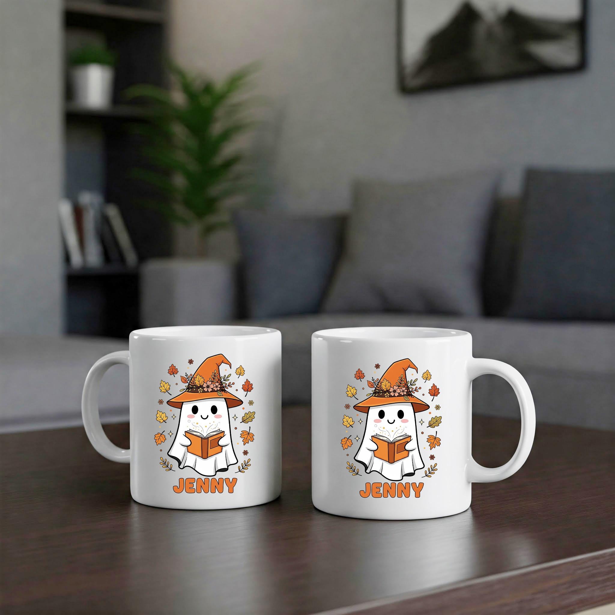 Personalized Ghost Mug, Custom Halloween Coffee Cup, Cute Witch Ghost Mug with Name, Autumn Fall Mug Gift for Her