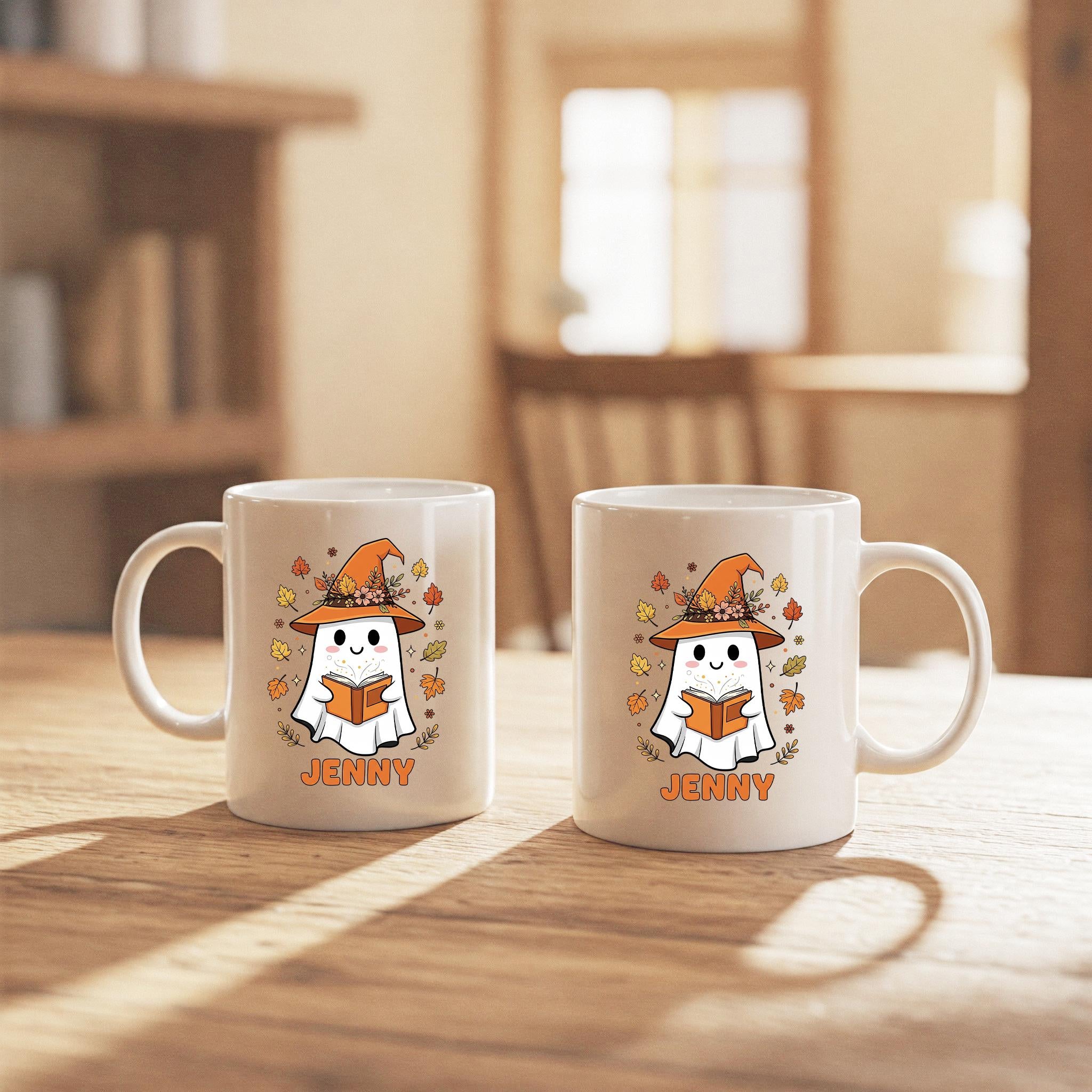 Personalized Ghost Mug, Custom Halloween Coffee Cup, Cute Witch Ghost Mug with Name, Autumn Fall Mug Gift for Her