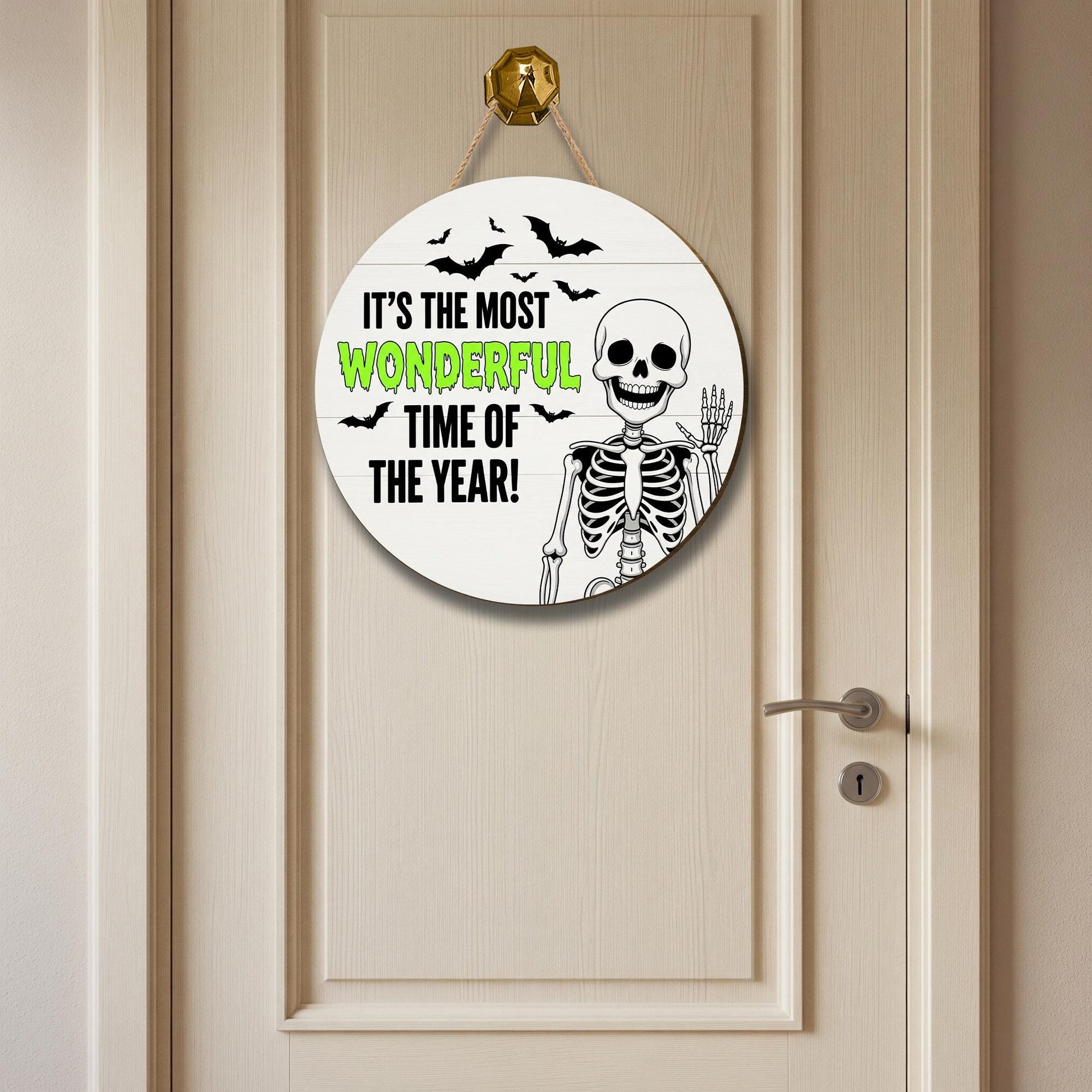 Halloween Skeleton Door Sign, Spooky Front Door Hanger, Funny Bat Wall Decor, Most Wonderful Time of Year Halloween Sign