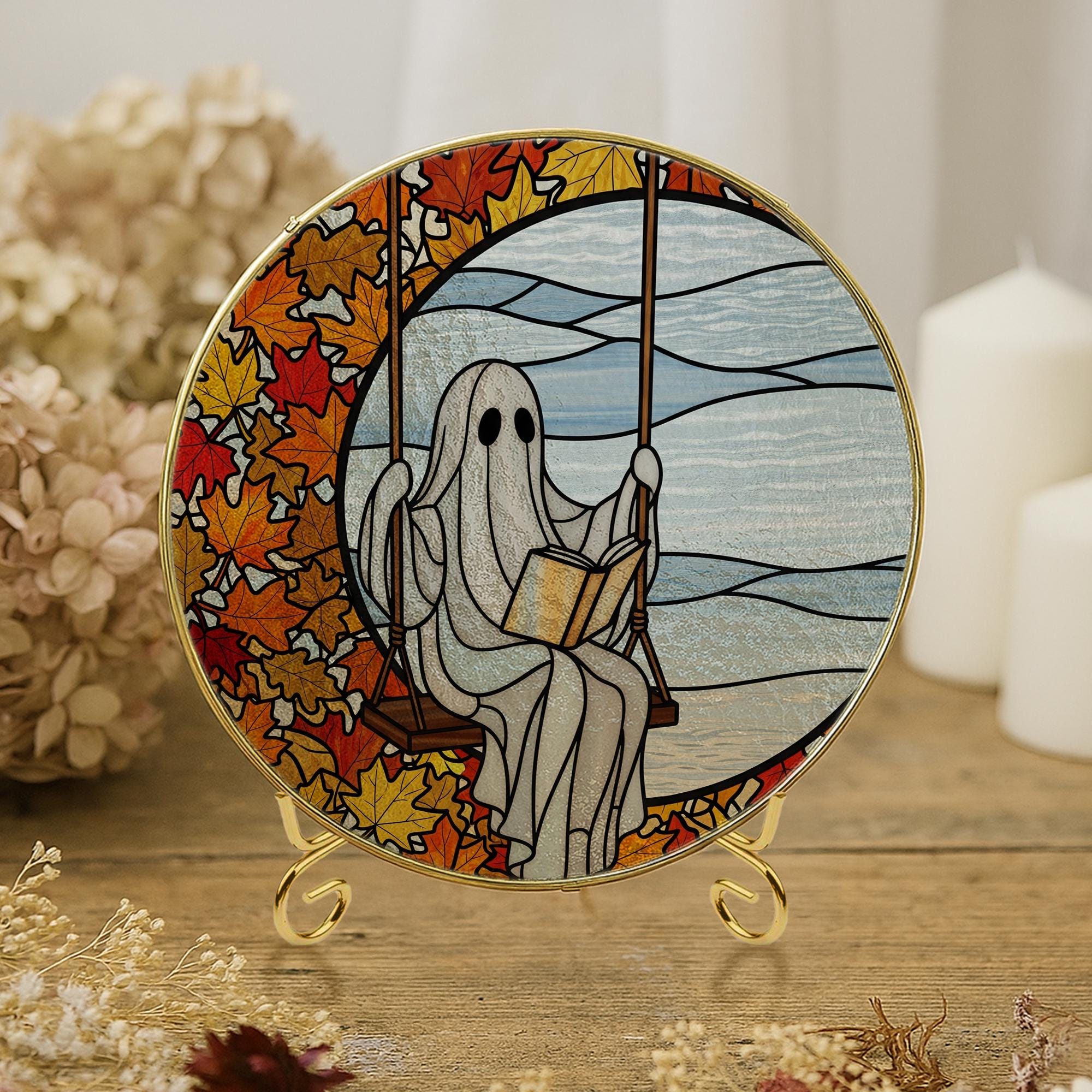 Ghost Reading Suncatcher: Autumn Leaves Window Hanging, Spooky Decor
