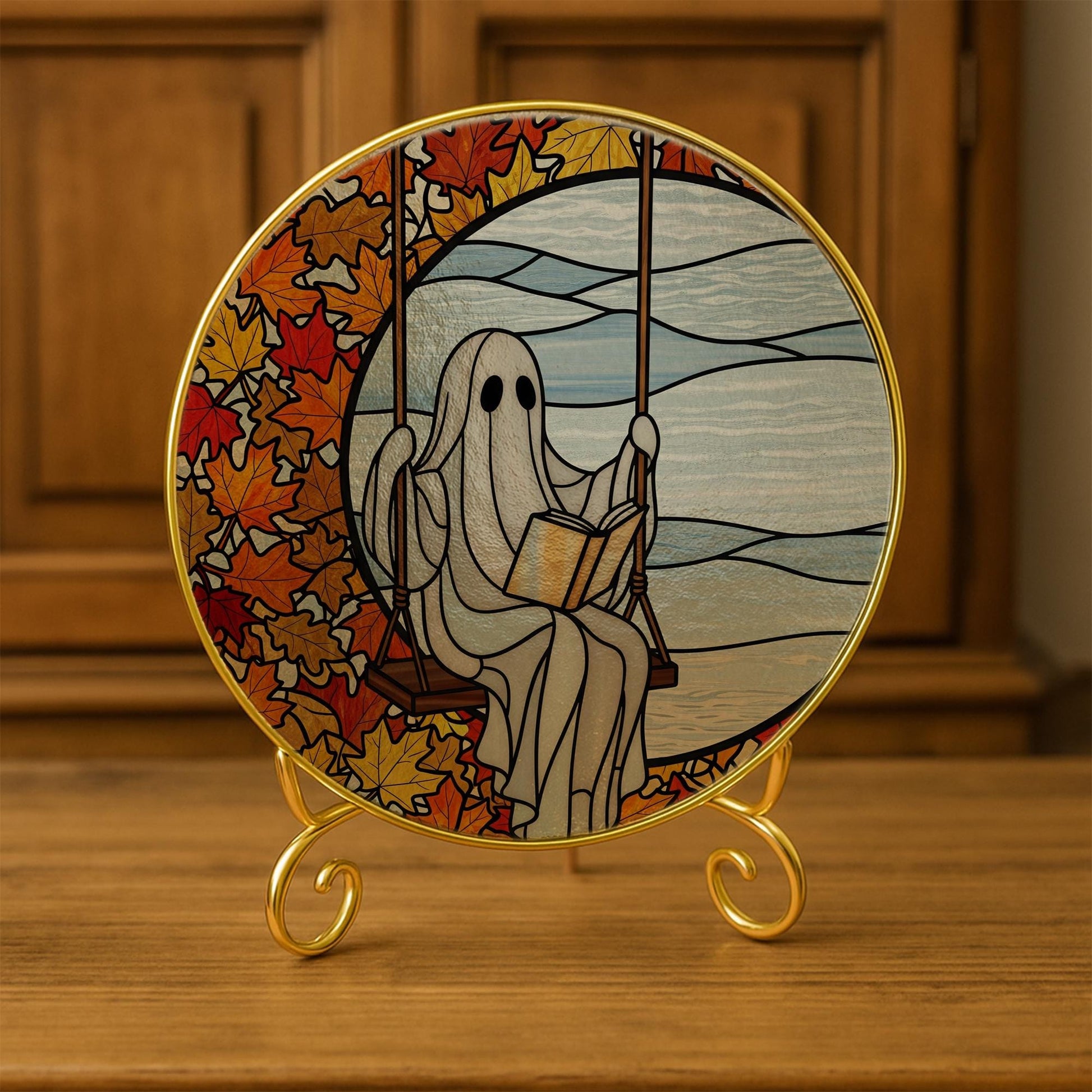 Ghost Reading Suncatcher: Autumn Leaves Window Hanging, Spooky Decor