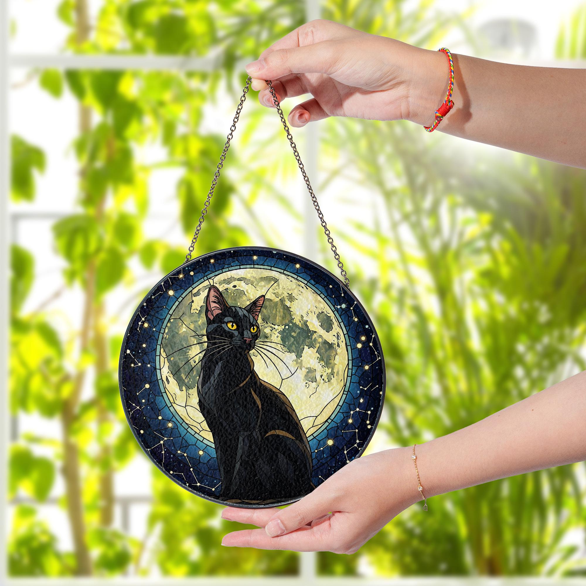 Black Cat Moon Glass Suncatcher, Gothic Window Hanging, Halloween Cat Decor, Stained Glass Gift, Witchy Moonlight Home Art