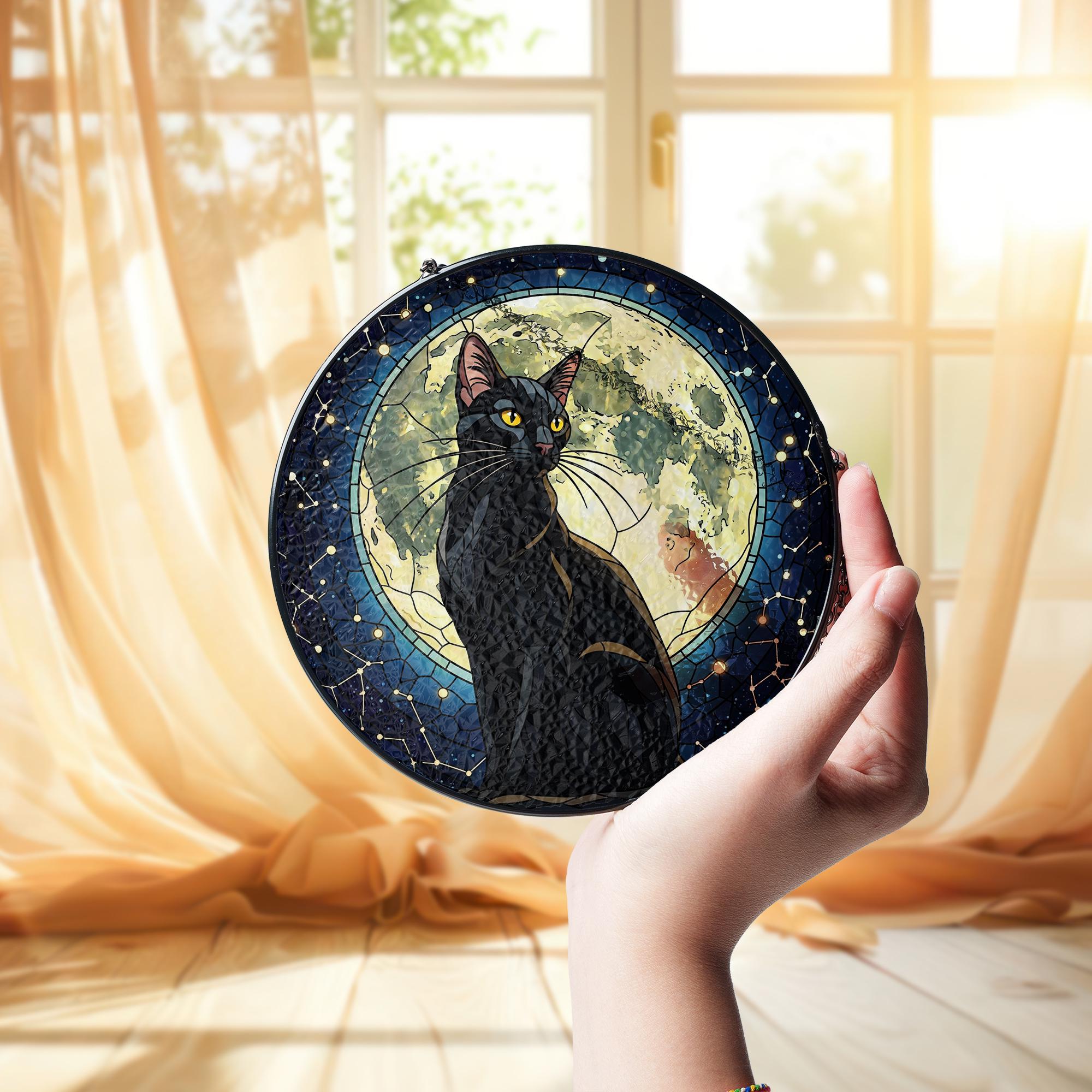 Black Cat Moon Glass Suncatcher, Gothic Window Hanging, Halloween Cat Decor, Stained Glass Gift, Witchy Moonlight Home Art