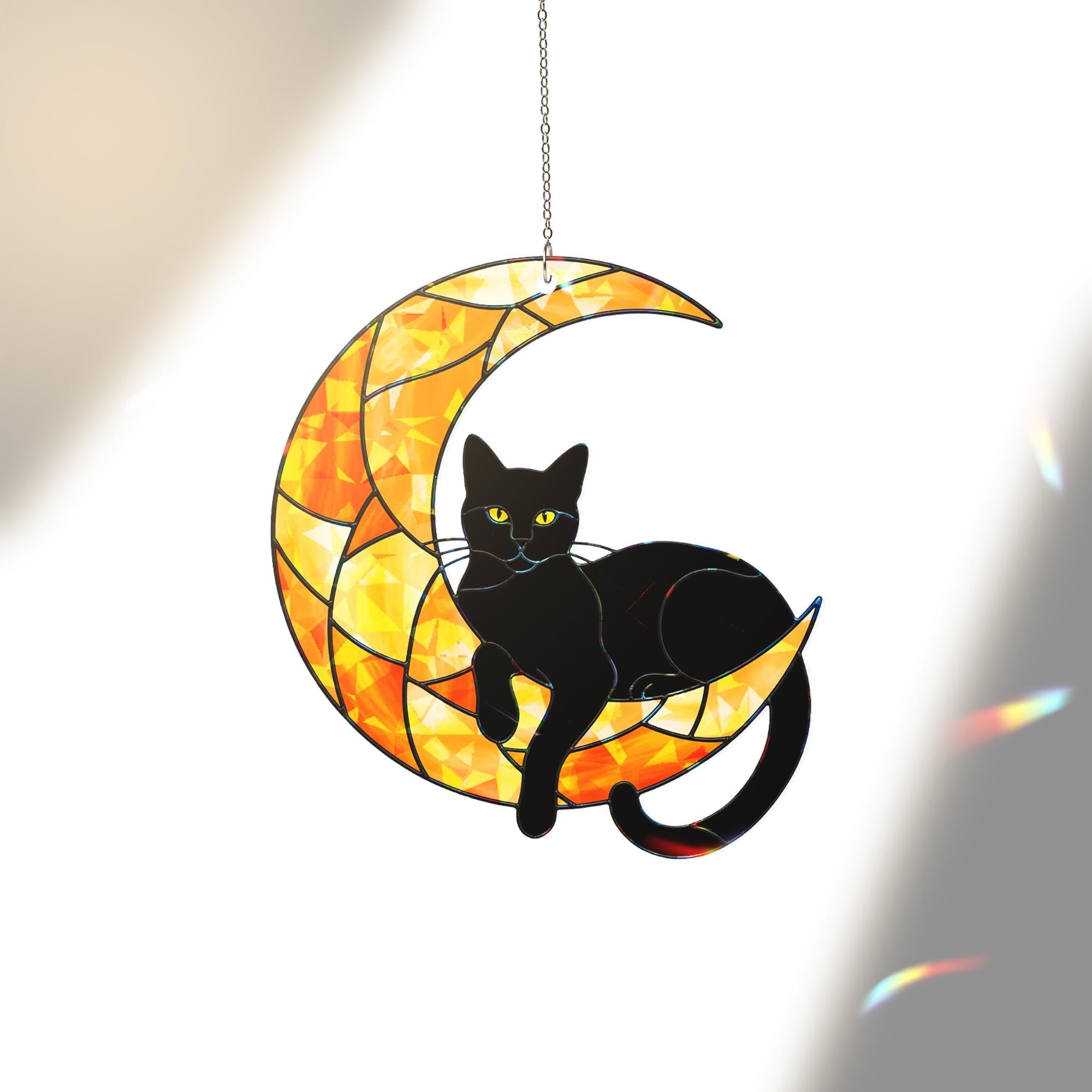 Black Cat Moon Acrylic Window Hanging, Hologram Suncatcher, Halloween Cat Decor, Gothic Crescent Moon Gift, Mystical Window Art