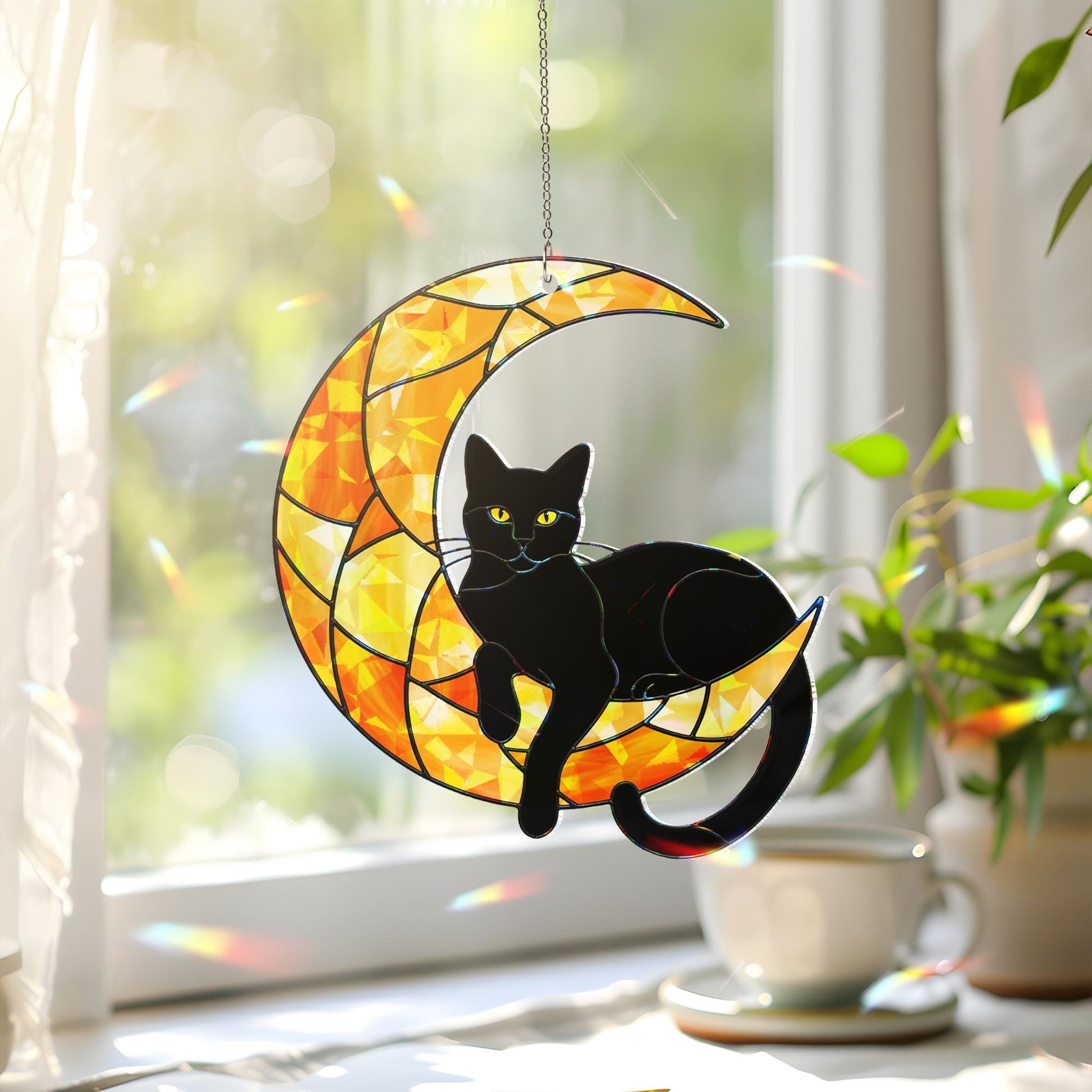 Black Cat Moon Acrylic Window Hanging, Hologram Suncatcher, Halloween Cat Decor, Gothic Crescent Moon Gift, Mystical Window Art