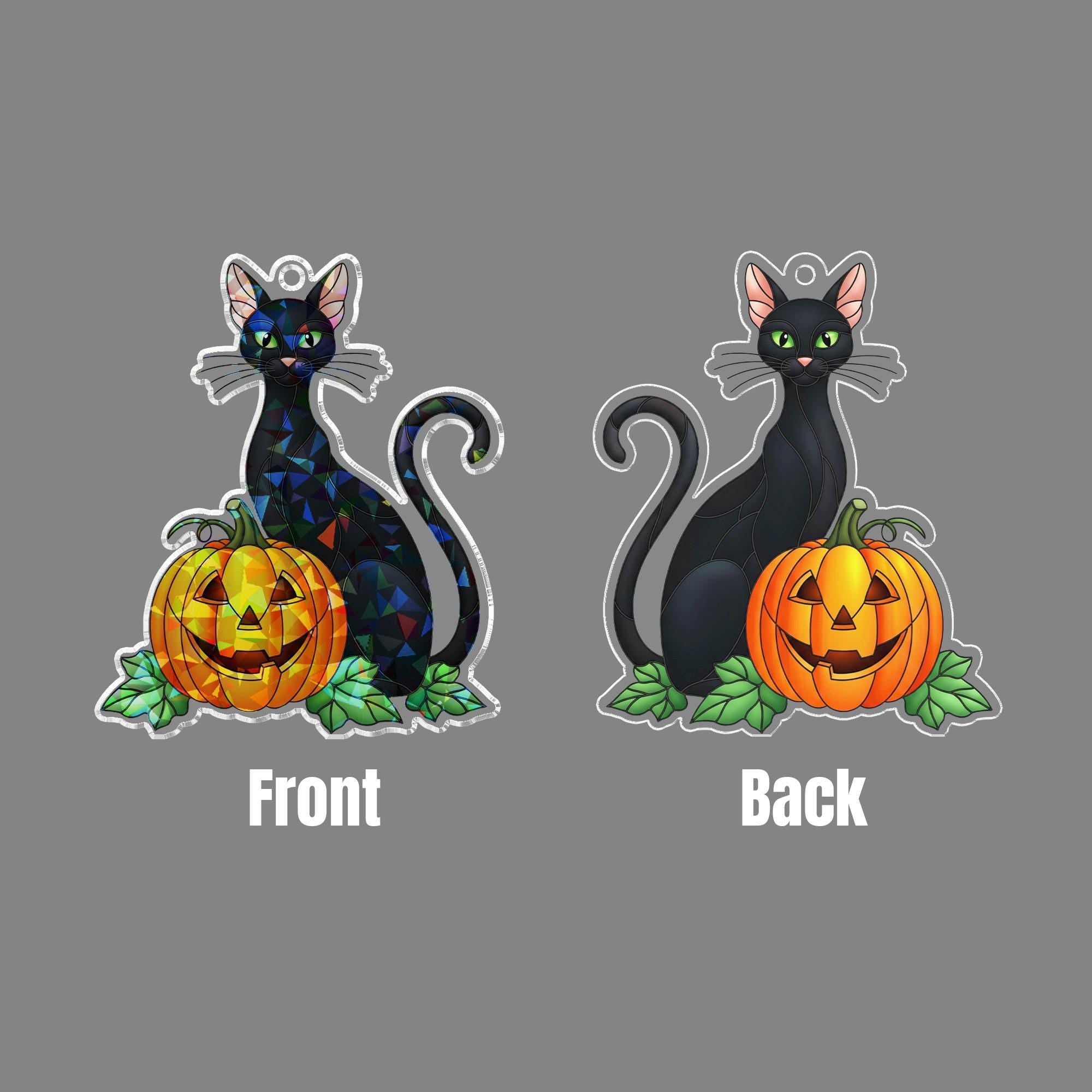 Black Cat Pumpkin Acrylic Window Hanging, Halloween Hologram Suncatcher, Gothic Cat Decor, Spooky Jack O Lantern Window Art