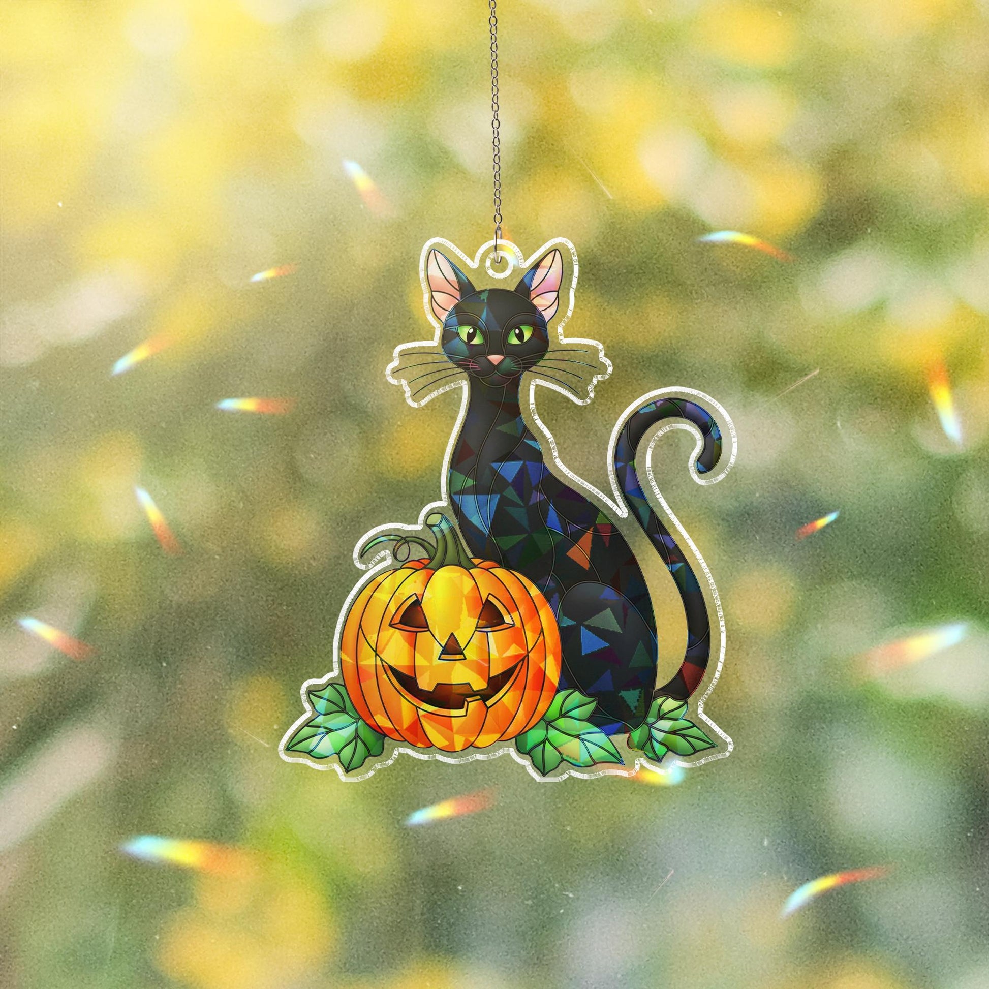 Black Cat Pumpkin Acrylic Window Hanging, Halloween Hologram Suncatcher, Gothic Cat Decor, Spooky Jack O Lantern Window Art