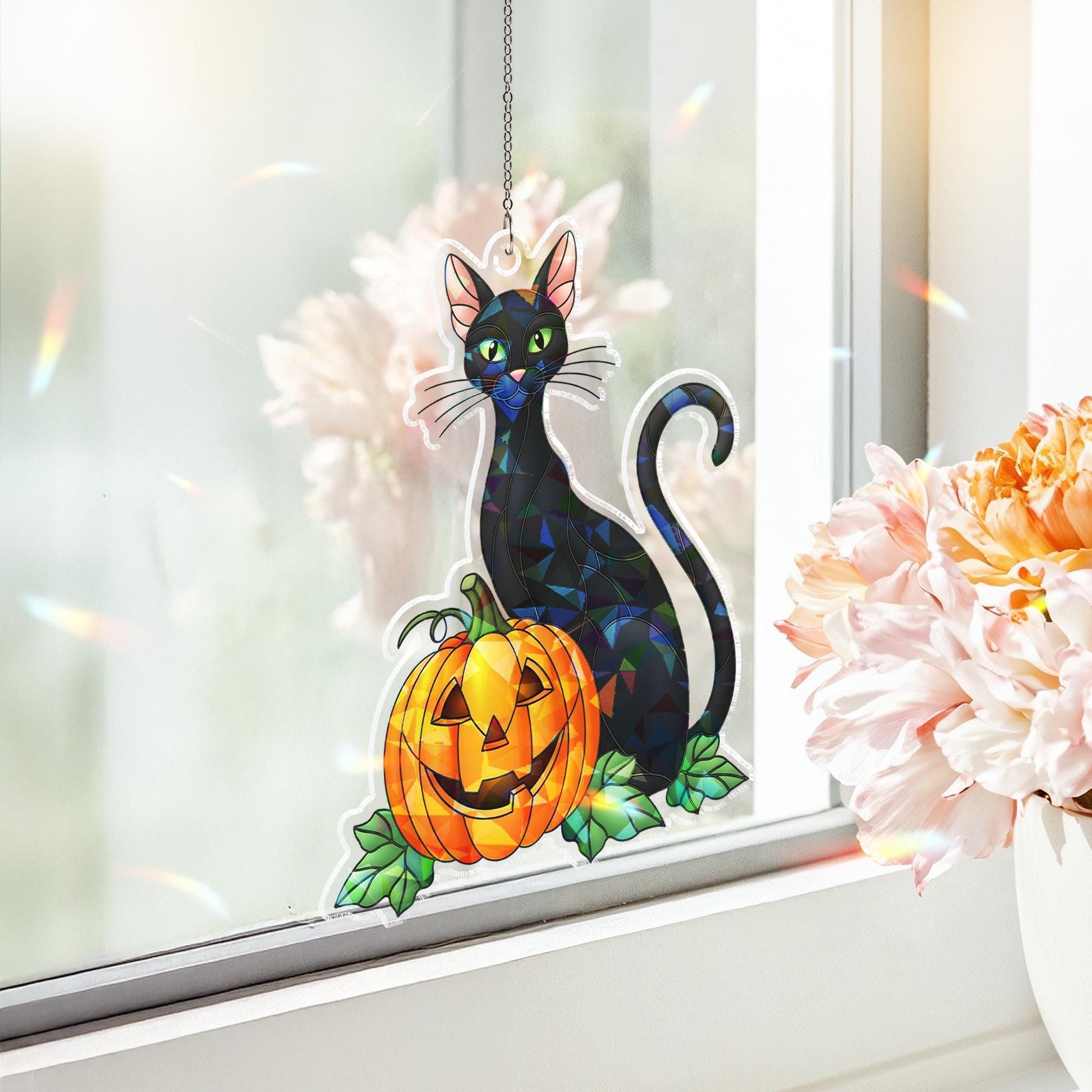 Black Cat Pumpkin Acrylic Window Hanging, Halloween Hologram Suncatcher, Gothic Cat Decor, Spooky Jack O Lantern Window Art