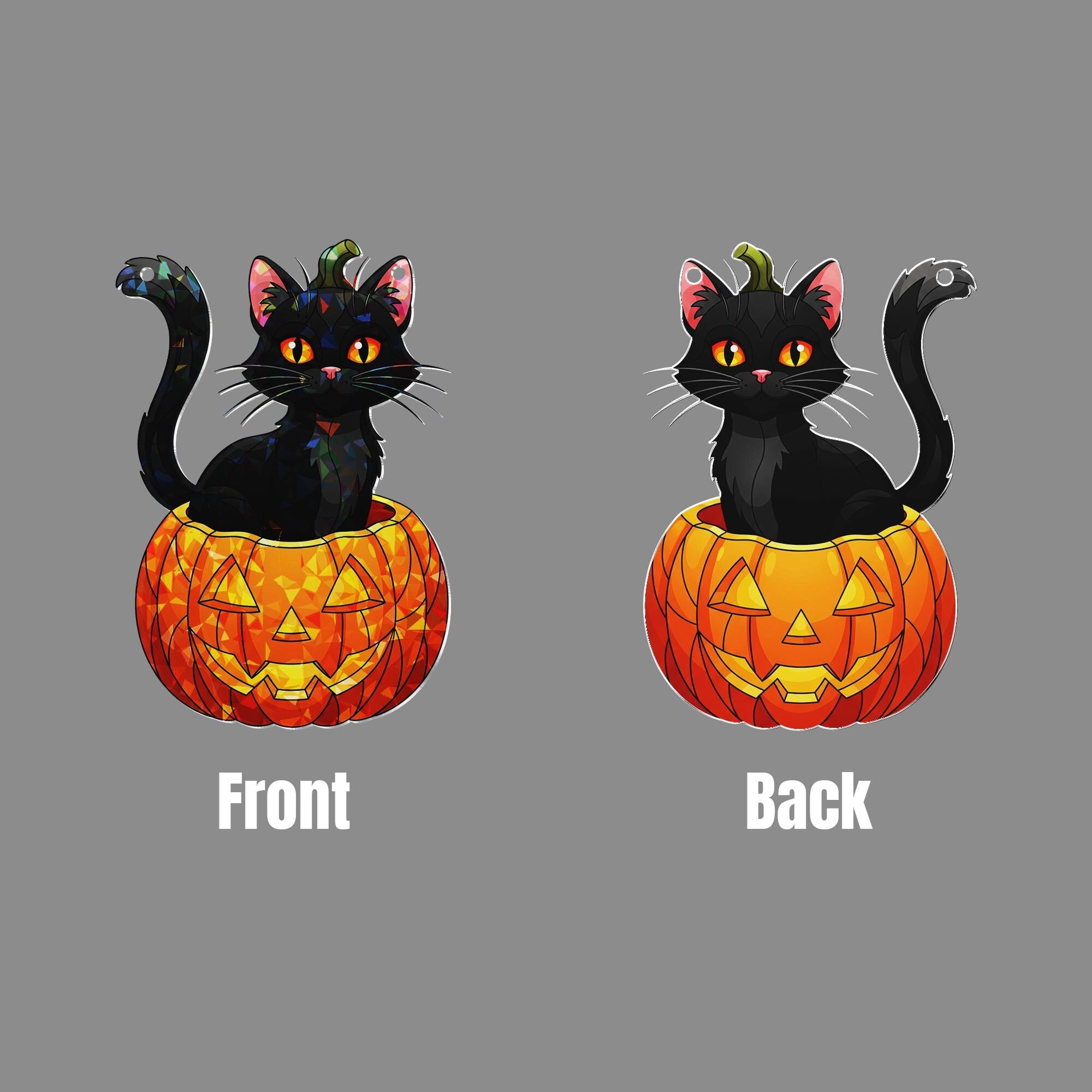Black Cat Pumpkin Acrylic Window Hanging, Halloween Hologram Suncatcher, Gothic Cat Jack O Lantern Decor, Spooky Window Art
