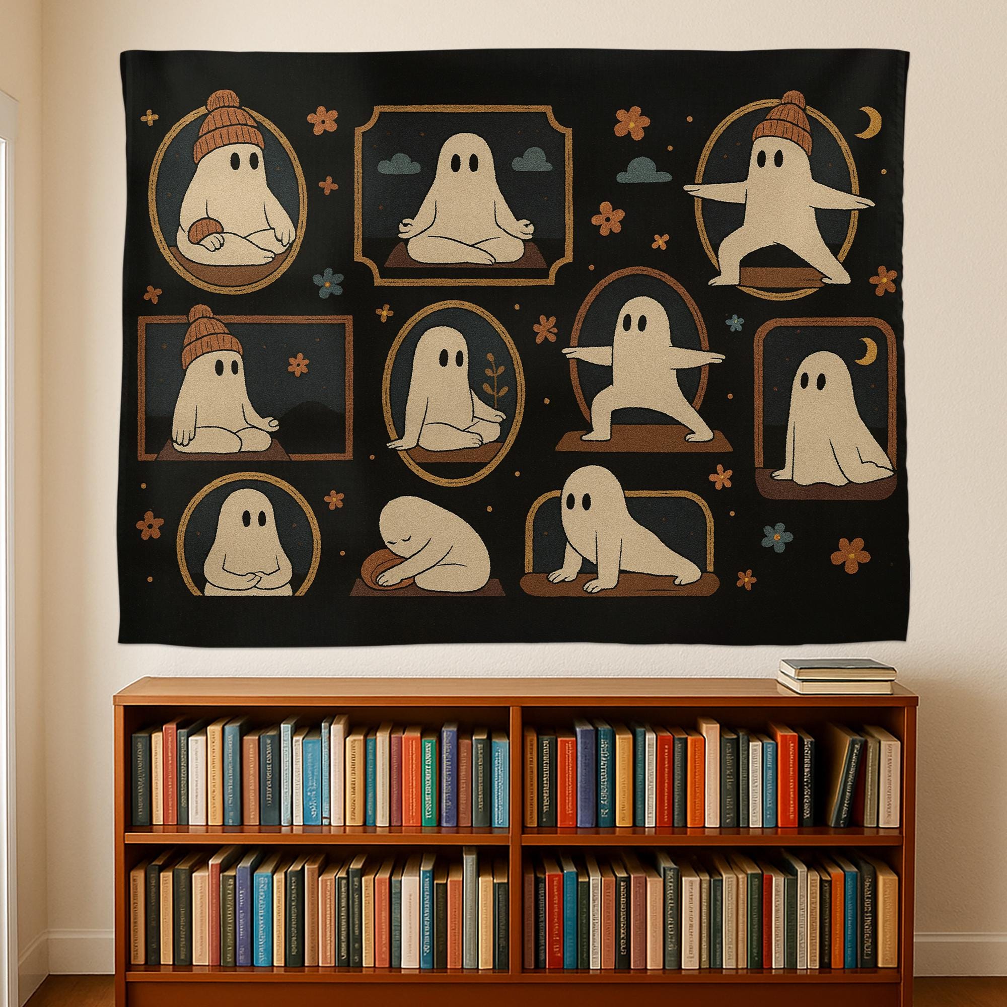 Halloween Yoga Ghost Tapestry – Spooky Witchy Wall Hanging – Gothic Boho Home Decor for Yoga Lovers & Halloween Aesthetic